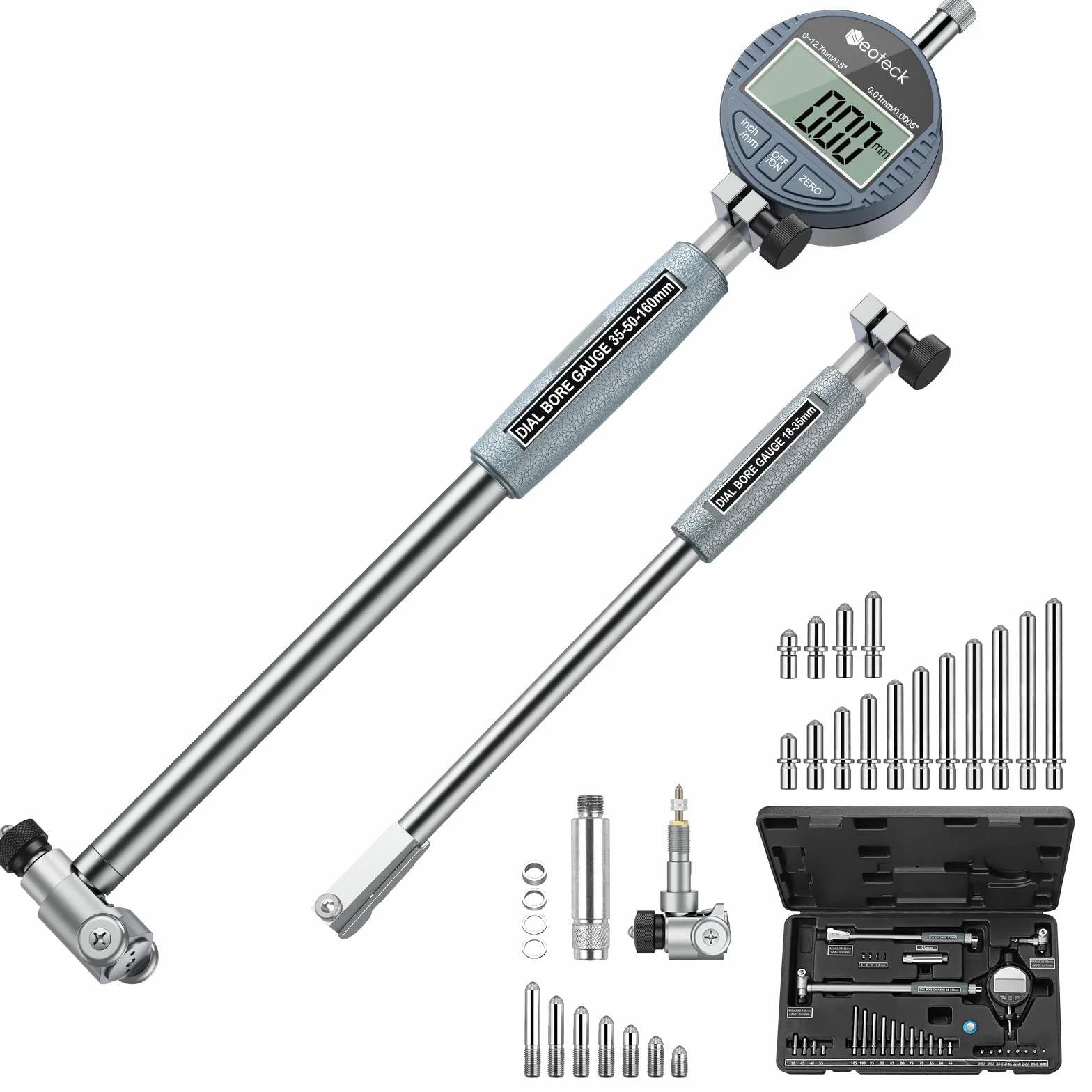 Neoteck Set di Comparatori per Alesaggio 18-160mm con Indicatore Digitale 0~12,7mm/0,5" e Custodia ABS