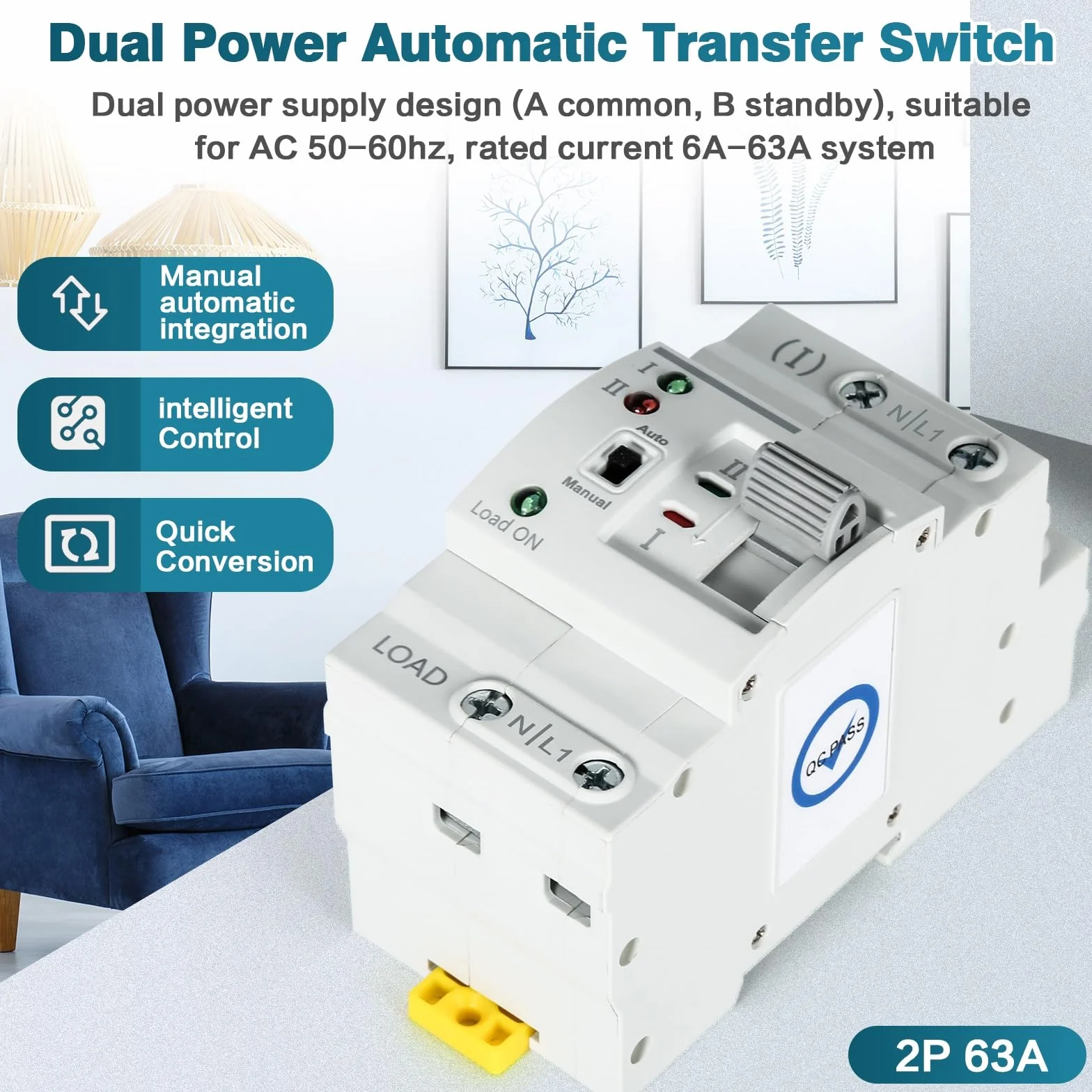 DEWIN Interruttore di Trasferimento Automatico G2R 63A - Guida DIN ATS Interruttore di Trasferimento Automatico a Doppia Alimentazione, Selettori Elettrici 220V (Size: 2P)