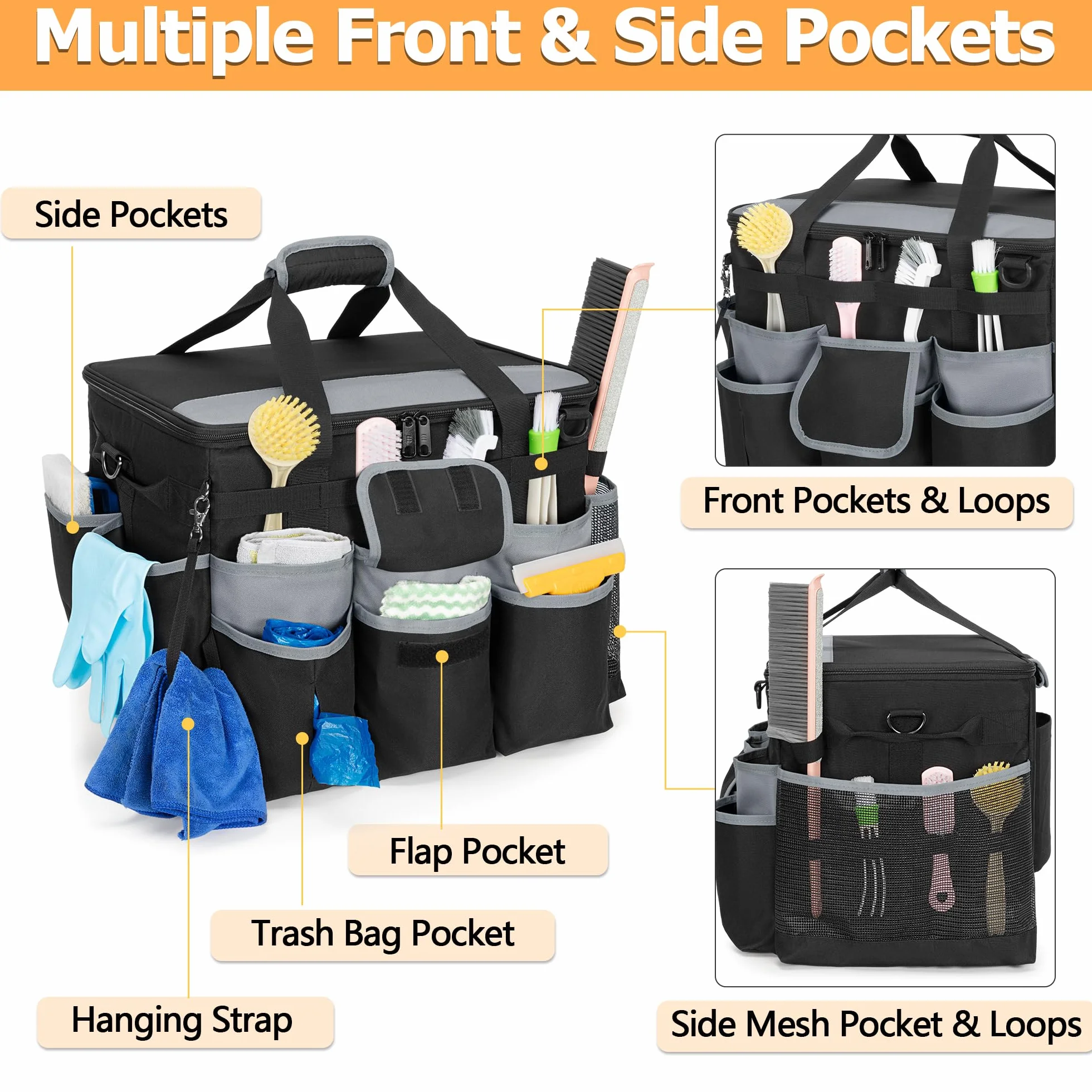 HODRANT Grande borsa per la pulizia su ruote con carrello rimovibile e coperchio, carrello organizer per la pulizia su rotelle, cuscino per la pulizia portatile con tracolla e maniglie, nero