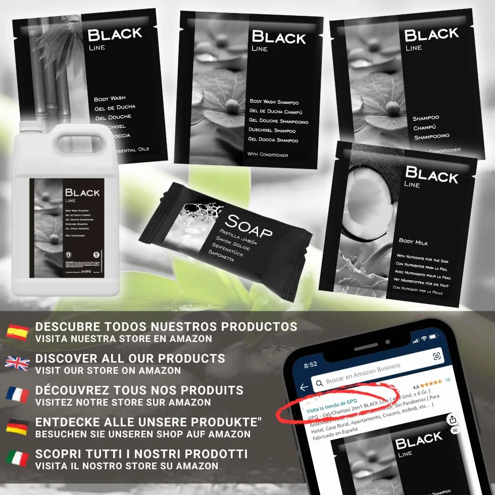 Amenities Pack BLACK Line Gel + Champu + Pastiglia Sapone 100 pz x 3 con Olio Essenziale, Senza Parabeni Prodotto nell'UE