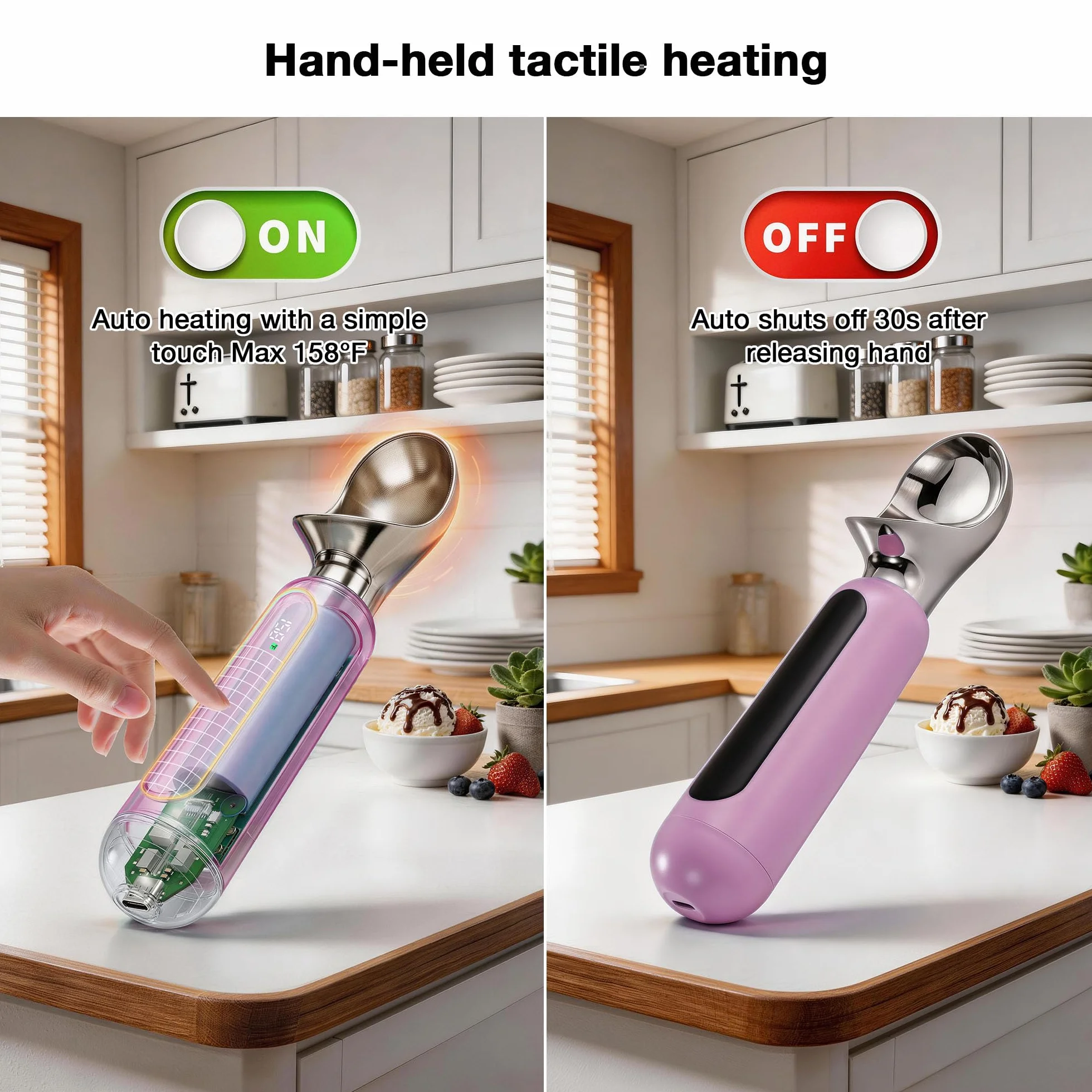 Paletta per gelato riscaldata, ricaricabile, elettrica, con display a LED, interruttore on/off, impermeabile IP67, riscalda fino a 70 °C, per gelato duro (rosa)