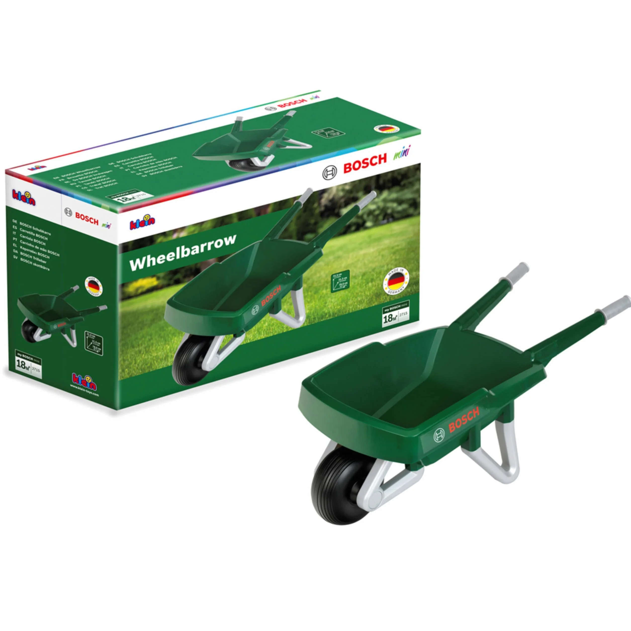 Theo Klein 2715 Bosch Carriola da Giardino, Robusta carriola per piccoli giardinieri, Ottimo come giocattolo da giardino e per attività all'aperto, Anti-UV, Giocattolo per bambini dai 18 mesi in su