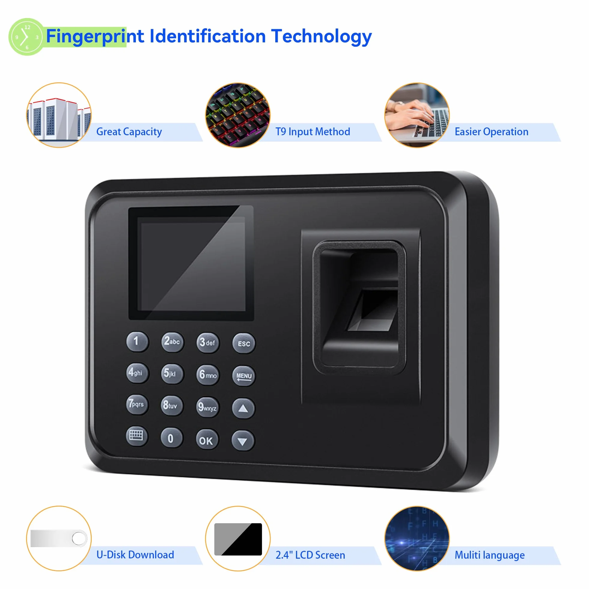 Orologi con impronte digitali per dipendenti, orologio per piccole imprese, calcola automaticamente l'orario di lavoro e detrarre l'ora di pranzo, protezione da pugno e spegnimento con unità USB 8G (0