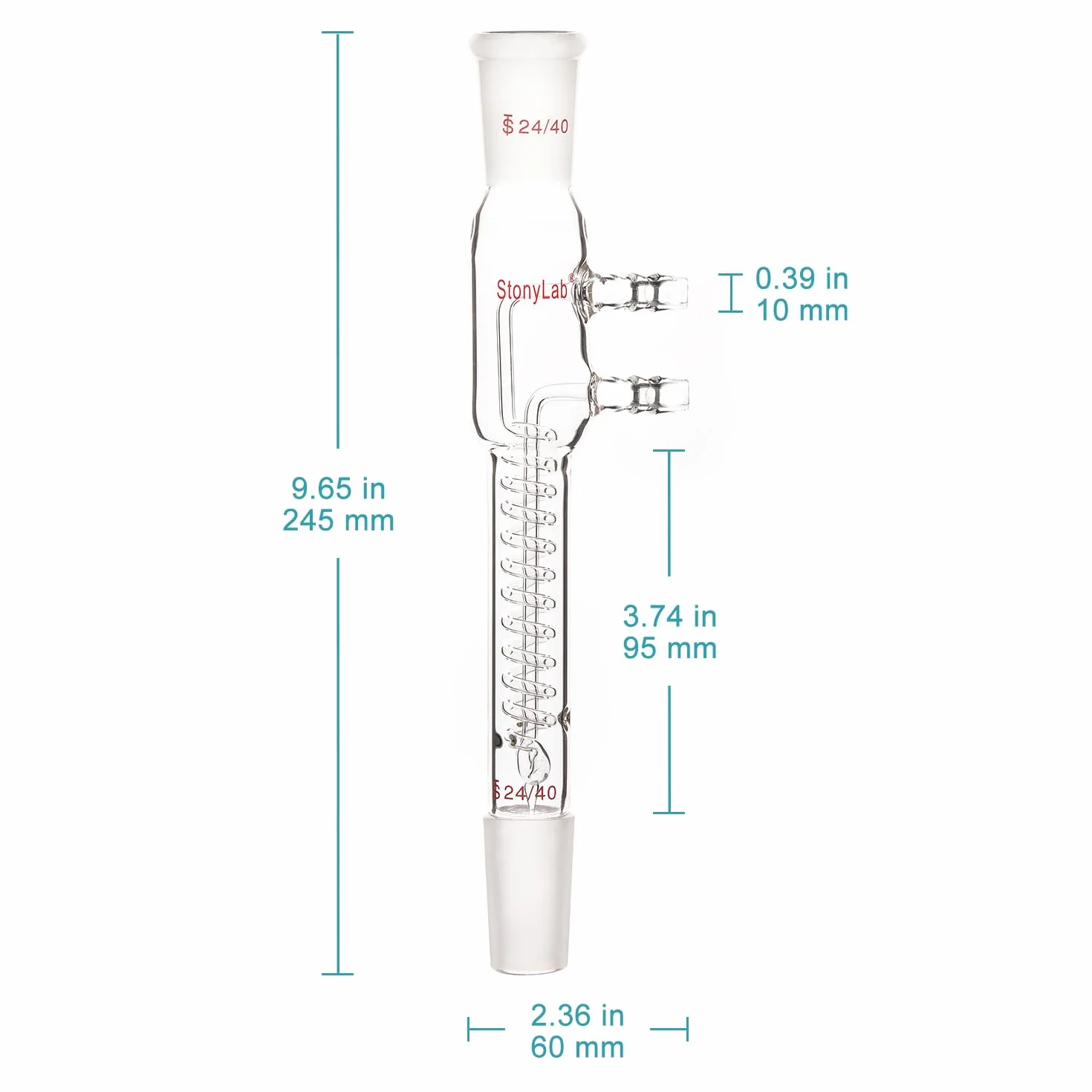 stonylab Condensatore a Riflusso a Bobina di Vetro, Vetro Borosilicato Condensatore a Bobina di Riflusso Dimroth con 24/40 Giunti e Raccordi per Tubi Flessibili, Lunghezza Totale 245 mm