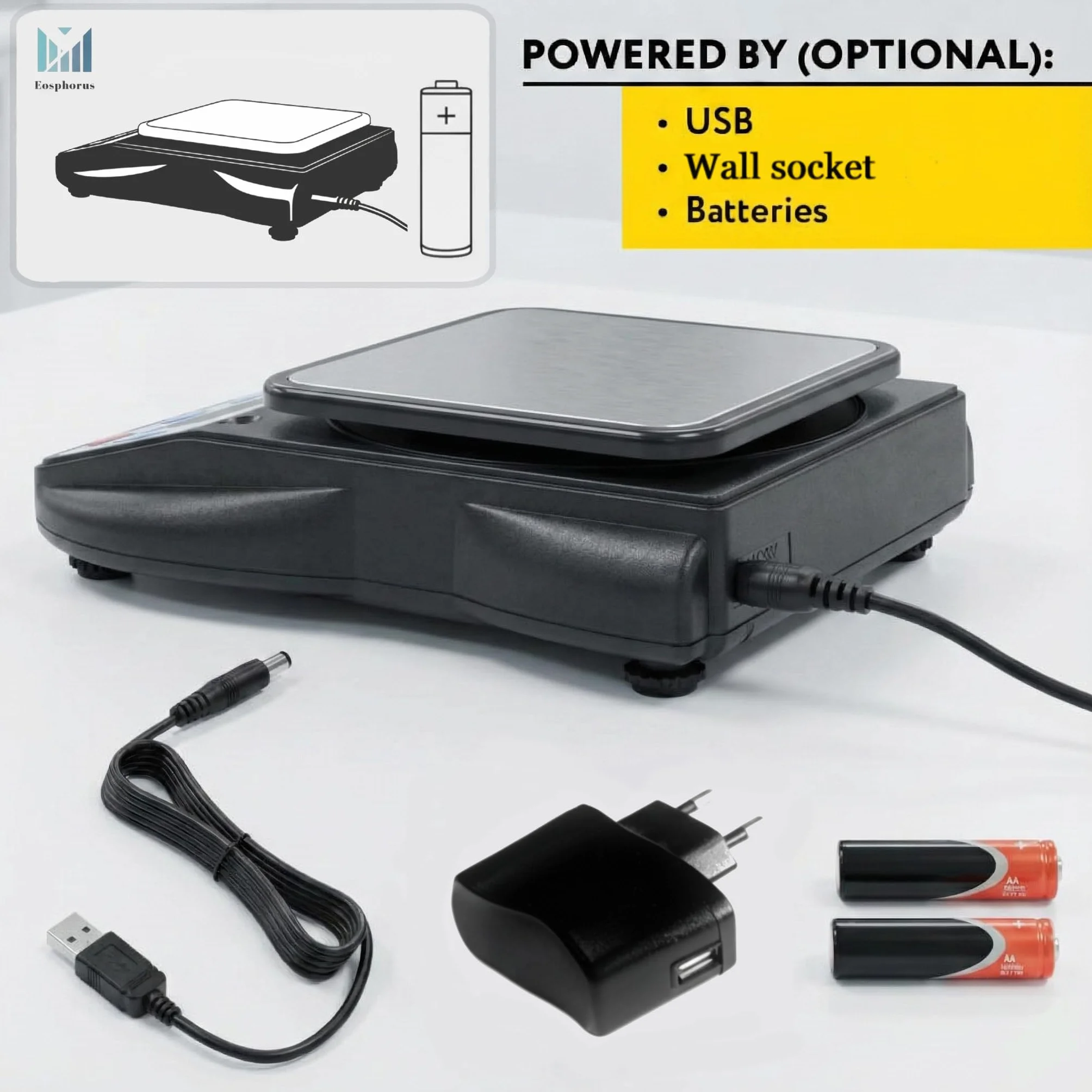 Eosphorus Bilancia Digitale di Alta Precisione 600g/0,01g con Piatto Quadrato, Bilancia Professionale per Laboratorio, Gioielleria e Monete, Funzione Tara, Doppia Alimentazione USB/AC