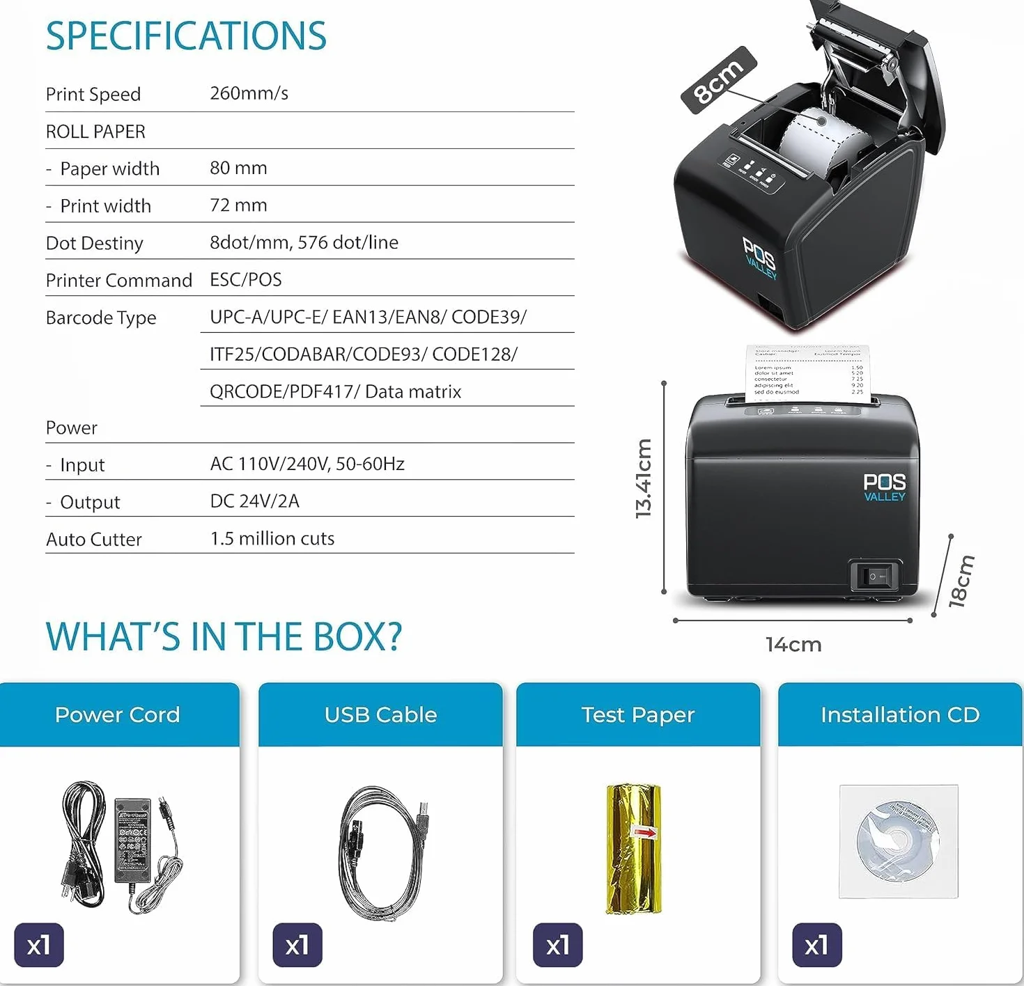 Stampante Termica 80mm Bluetooth per Ricevute con Auto-cut, 260mm/s, USB + Bluetooth, Supporto Cassetto, Compatibile con Windows/Android/Linux/ChromeOS/ESC/POS