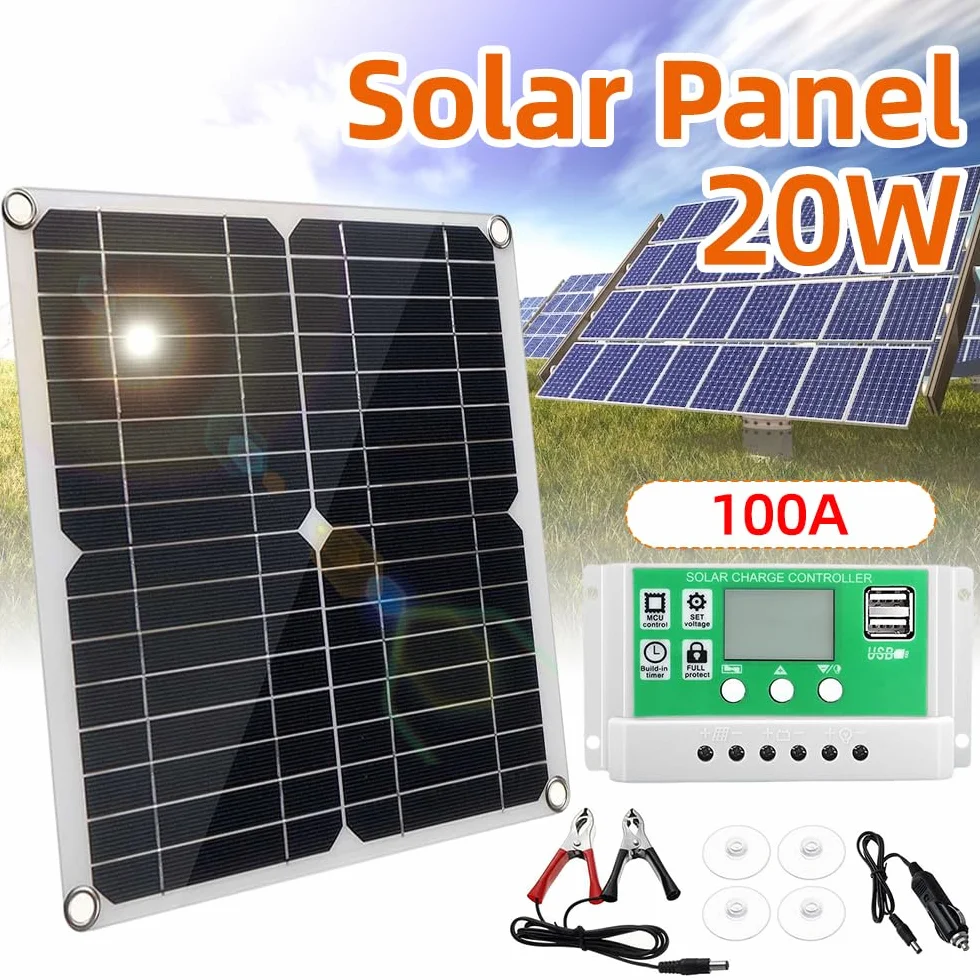 ACAGALA Kit pannello solare da 20 Watt, pannello solare monocristallino + regolatore di carica 100 A-PWM + morsetti per batteria, 22% di alta efficienza per sistemi di camper, barche e rimorchi