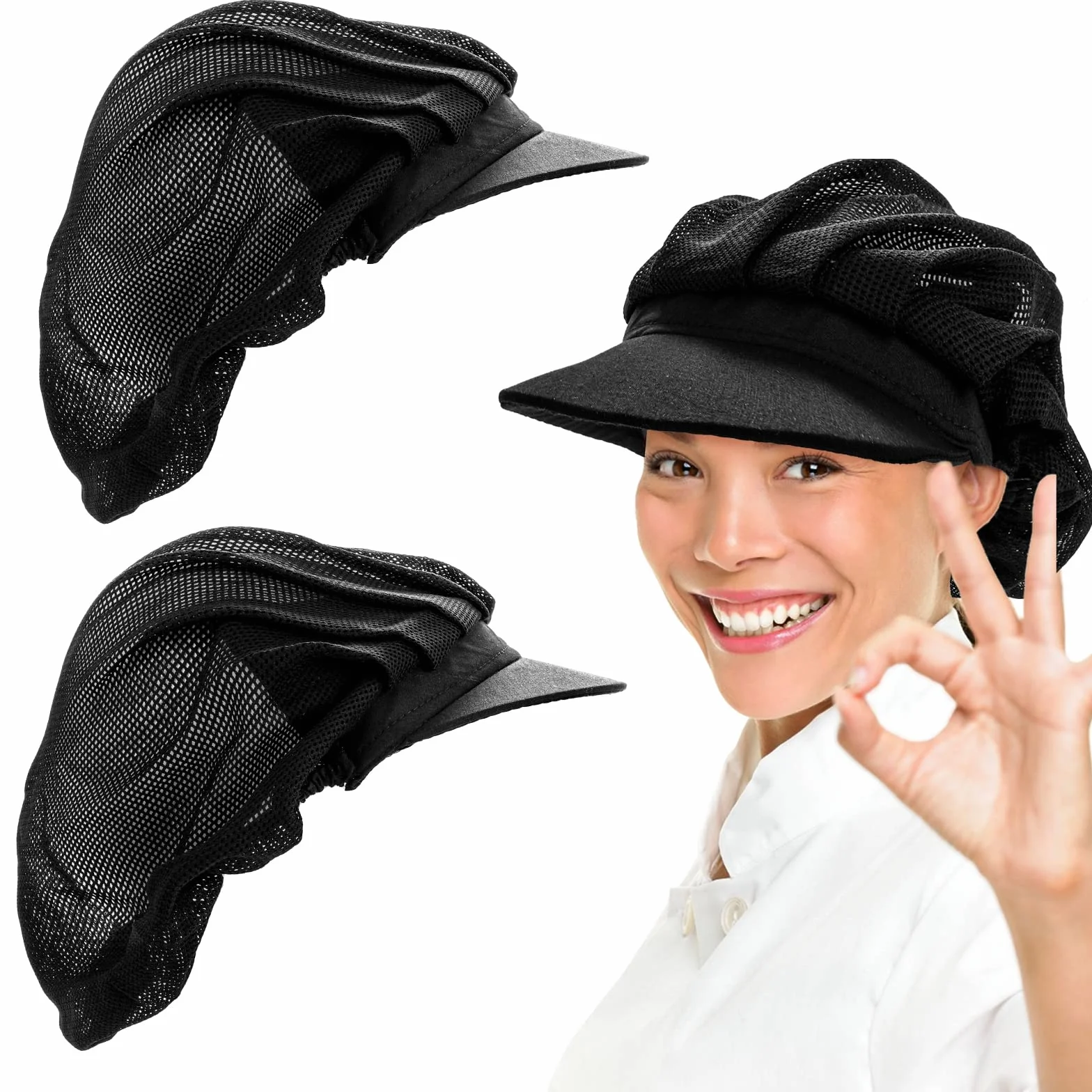Cappello da Cuoco in Cotone Nero Donna Cucina Chef Baker Cuffia Alimentare Ristorante Raffreddamento Riutilizzabile 2 Pezzi