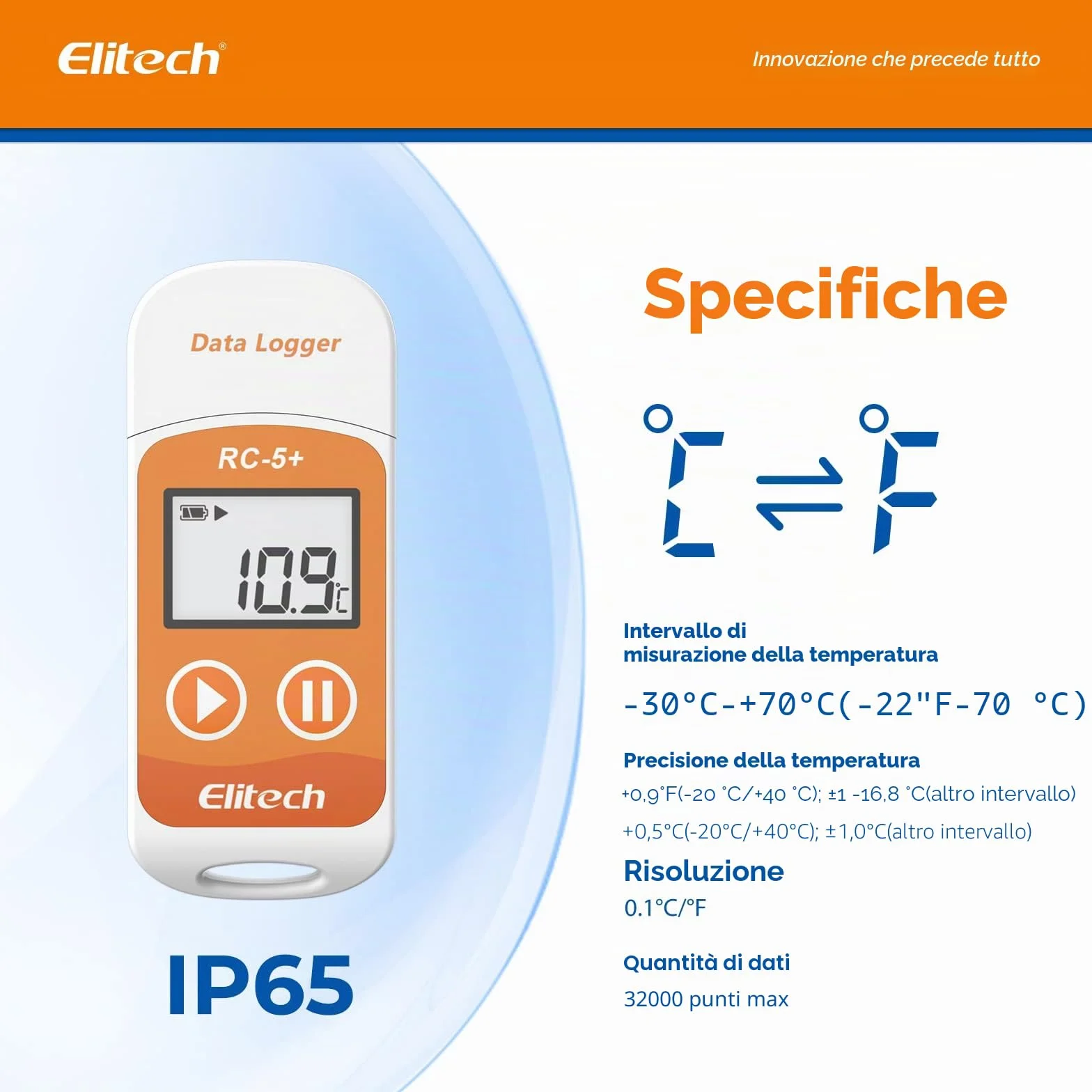 Elitech RC-5+ Data Logger Temperatura USB 32000 Punti PDF CSV Mac PC