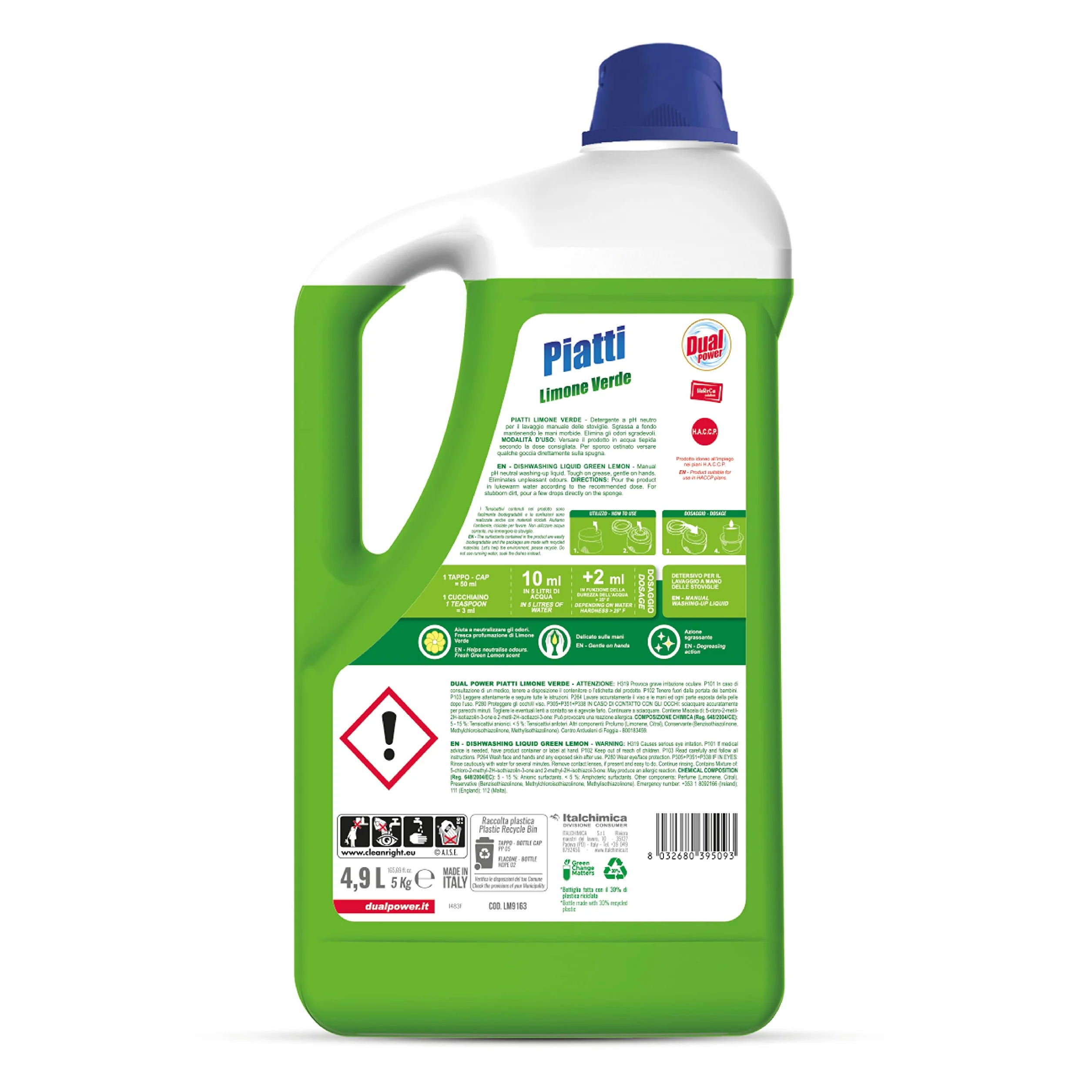 Dual Power Detergente HACCP per Lavaggio Manuale dei Piatti - Sgrassa a fondo, Fomato Professionale da 4,9 Litri - Limone Verde