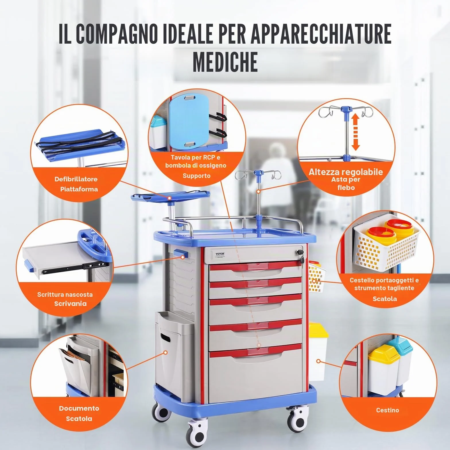 VEVOR Carrello da Laboratorio 5 Ripiani con Cassetti e Ruote Silenziose, PP, Blu