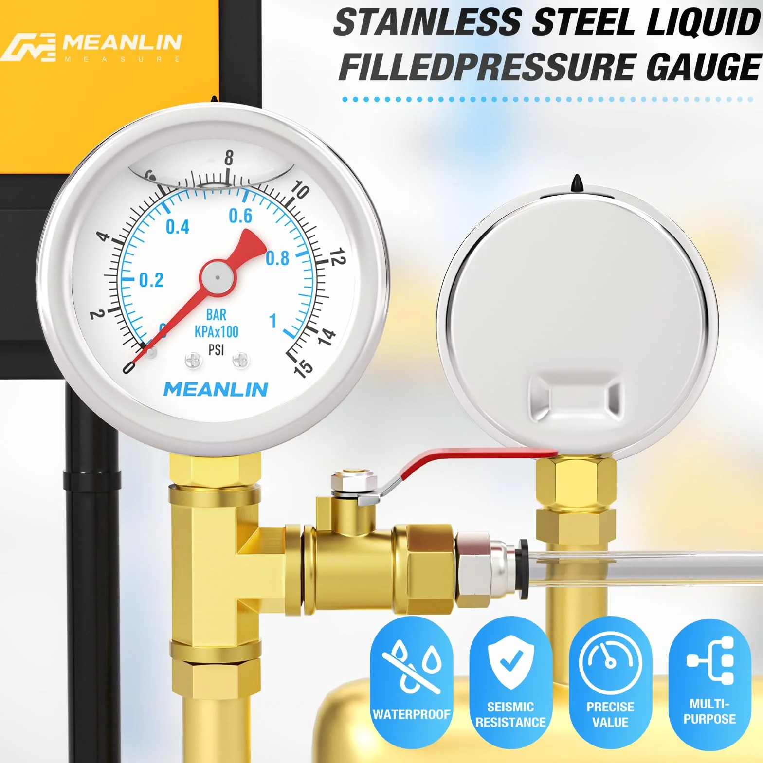 MEANLIN MEASURE 0~1BAR/15PSI Manometro in acciaio inox 1/8" BSP 1.5"FACE DIAL,riempito di glicerina,a liquido,acqua olio aria,montaggio inferiore,con boccola esagonale 1/8" x 1/4"BSP e 1/8" x 3/8"BSP