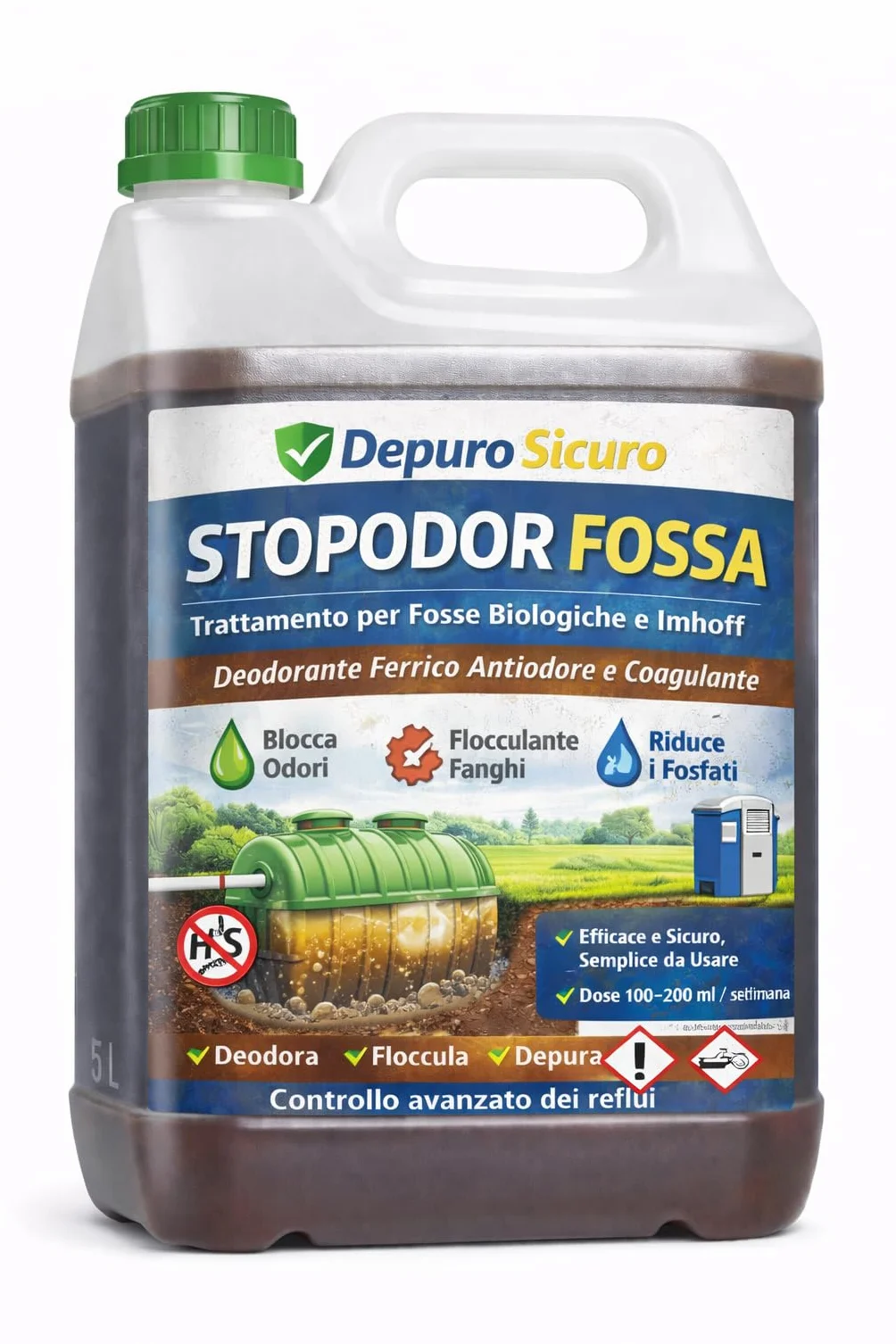 STOPODOR FOSSA Cloruro Ferrico Fosse Biologiche Vasche Imhoff Elimina Odori (H₂S), Flocculante Fanghi Riduttore Fosfati 5 kg Disgregante Concentrato Uso Professionale Domestico