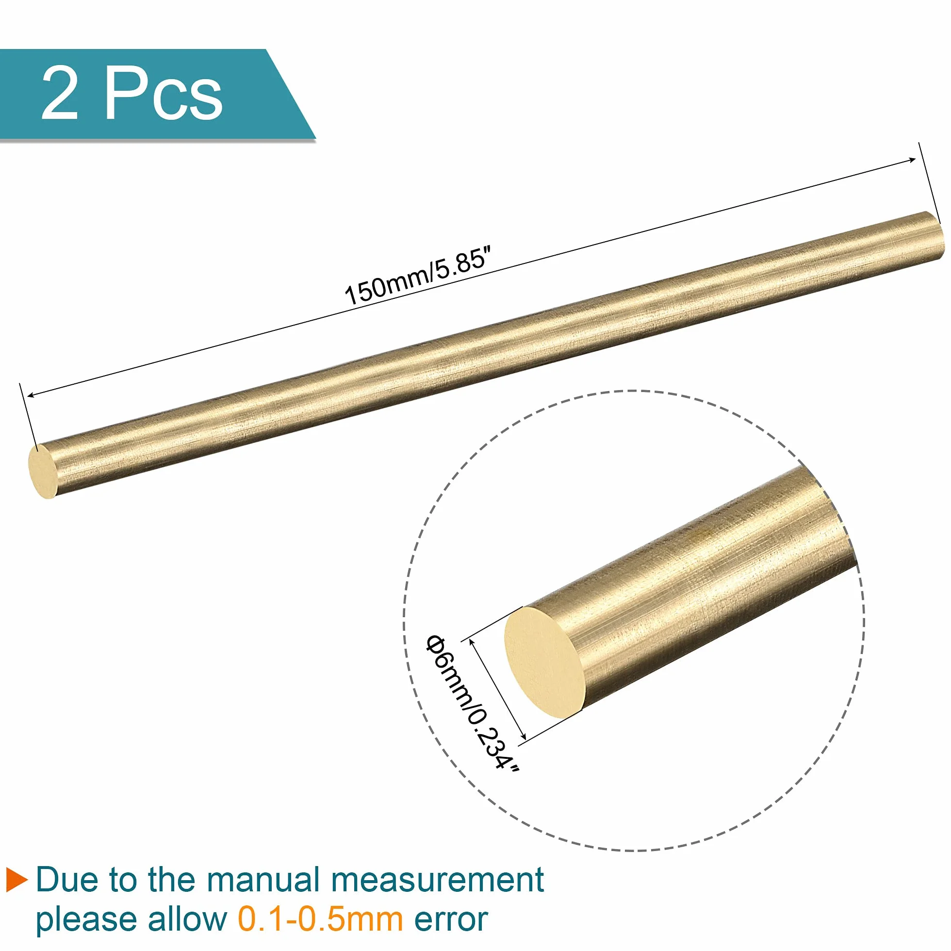 PATIKIL Ottone Stelo Rotondo 6mm 1/4" 150mm Barra Stock per Modello RC Fai da Te 2pz