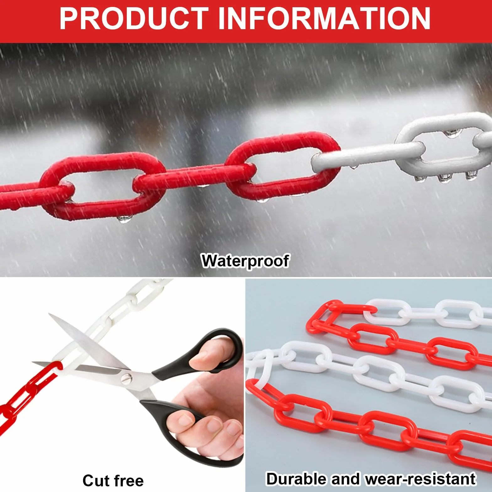 Catena di bloccaggio, 25 m, in plastica, da 6 mm, in plastica, con 4 moschettoni, per barriere in vialetti, posti di lavoro e garage