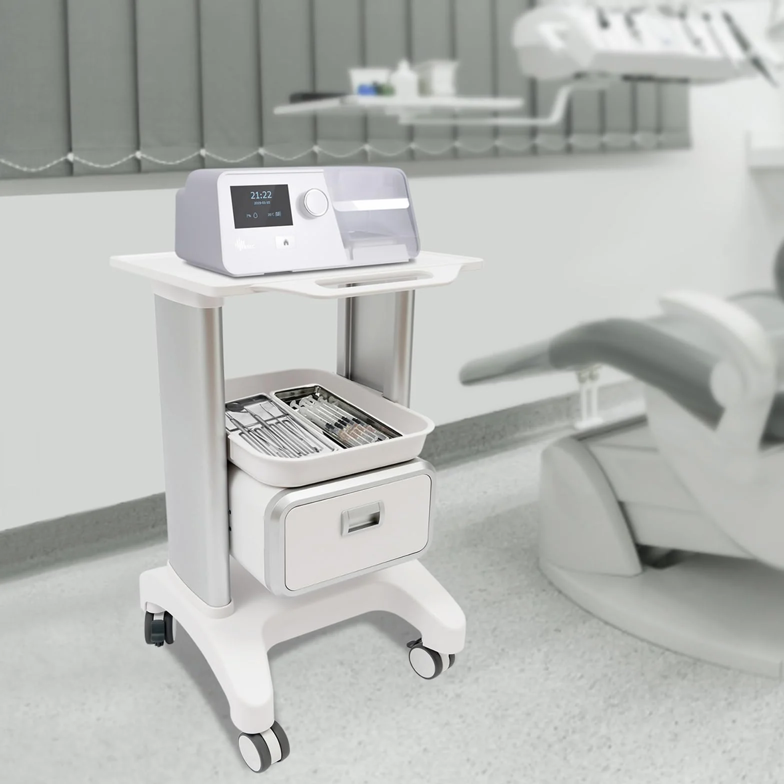 Carrello per dispositivi medici con cassetto e ripiano superiore, portata 100 kg per laboratorio clinica ospedale