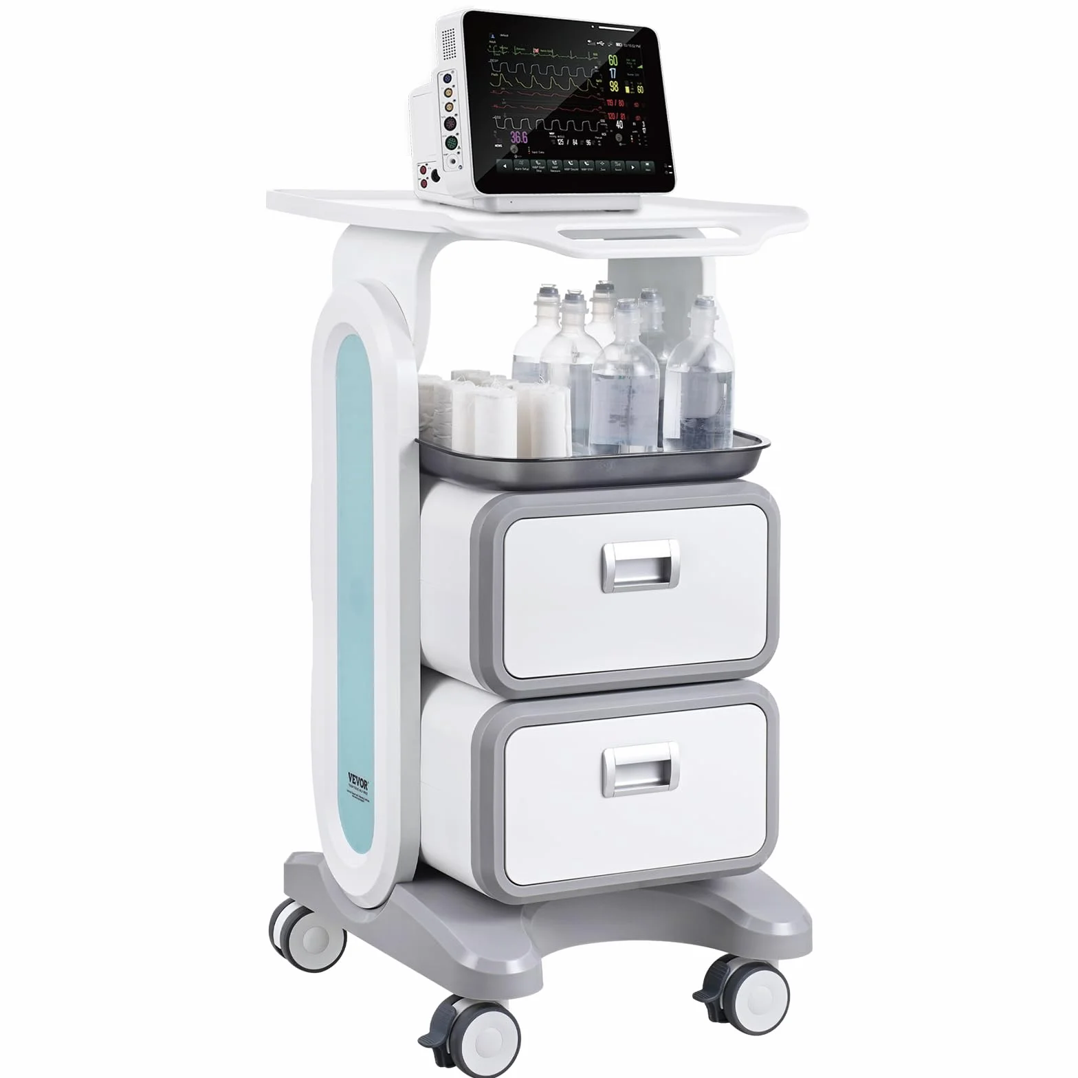 VEVOR Carrello da Laboratorio 3 Ripiani, Carrello Portaoggetti Medico Mobile con 2 Cassetti 1 Vassoio, ABS, 4 Ruote