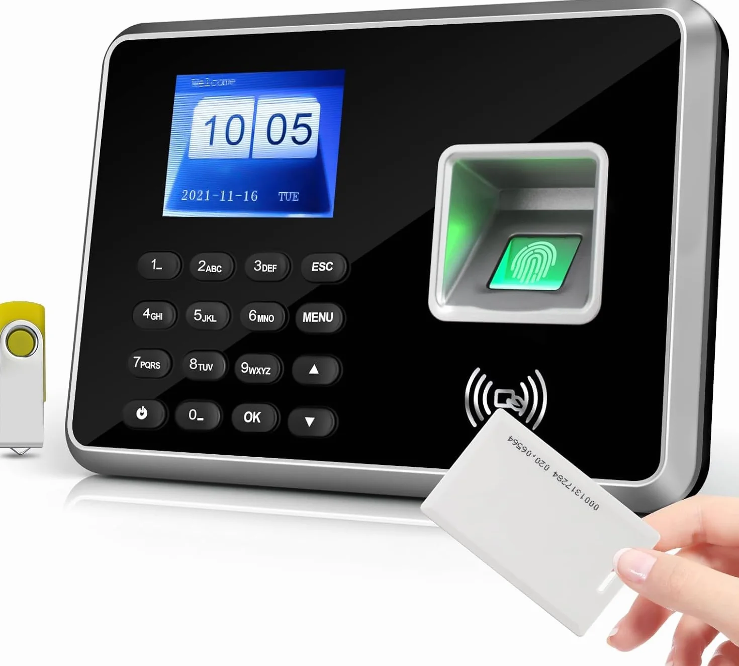 Bisofice A2 Rilevatore Presenze Dipendenti, Timbratrice Presenze con Scansione impronte digitali, RFID, Password, Timbracartellini Prompt Vocale, Display da 2,4", Argento