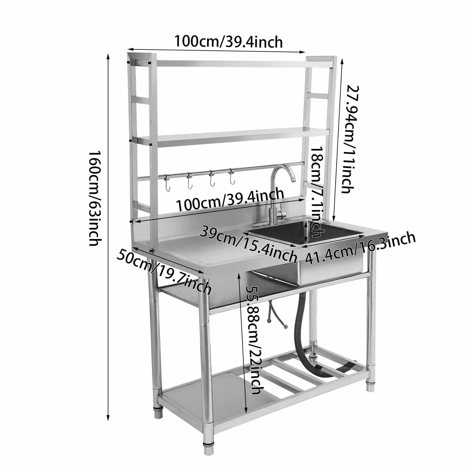 Lavandino da ristorante con ripiano a più livelli, multifunzione, in acciaio inox, commerciale, in acciaio inox, per la cucina e la gastronomia