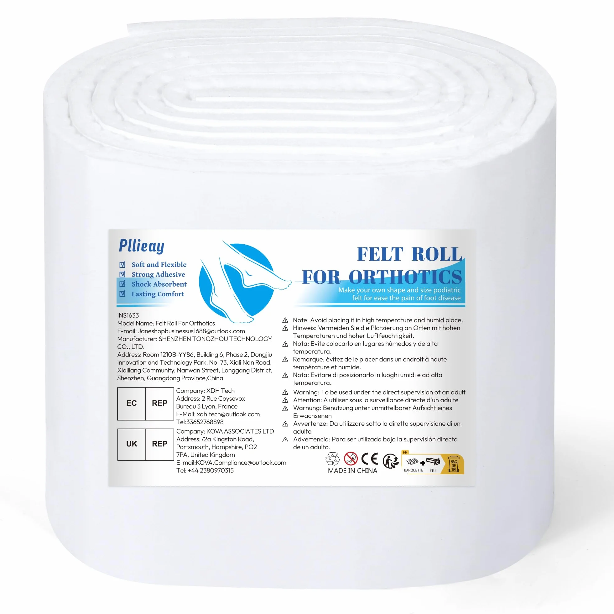 Pllieay Imbottitura in feltro adesivo ispessito, spessore 1,3 cm, 15,2 cm x 2,5 m, rotolo di feltro ortopedico di qualità, rotolo adesivo in feltro bianco per fornire ammortizzazione e supporto nel