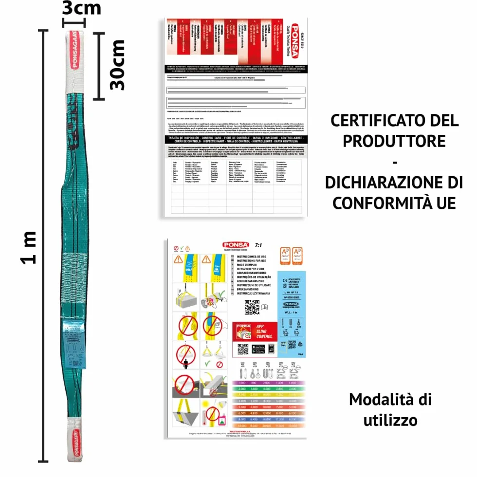 2t - 1m.Cinghia di sollevamento in poliestere 2 tonne, 2000 kg - 1 m. con trattamento PONSAGARD antiabrasione e antitaglio 030161001402.