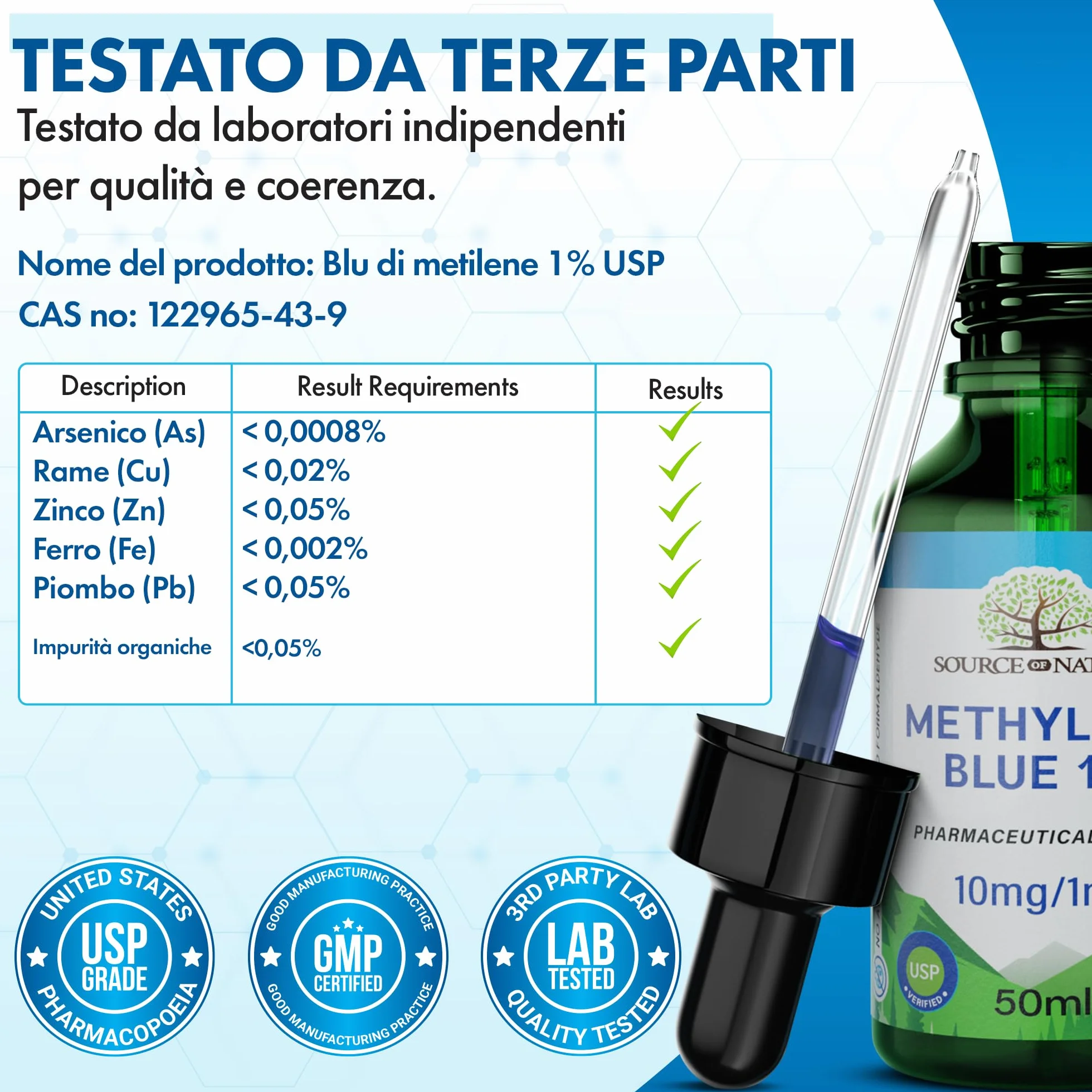 Blu di Metilene (Metilene Blu) 1% Soluzione | 50 ml Flacone con Pipetta | Qualità Farmaceutica USP | Alta Purezza | Senza Alcol e Formaldeide | Vetro Scuro Protettivo