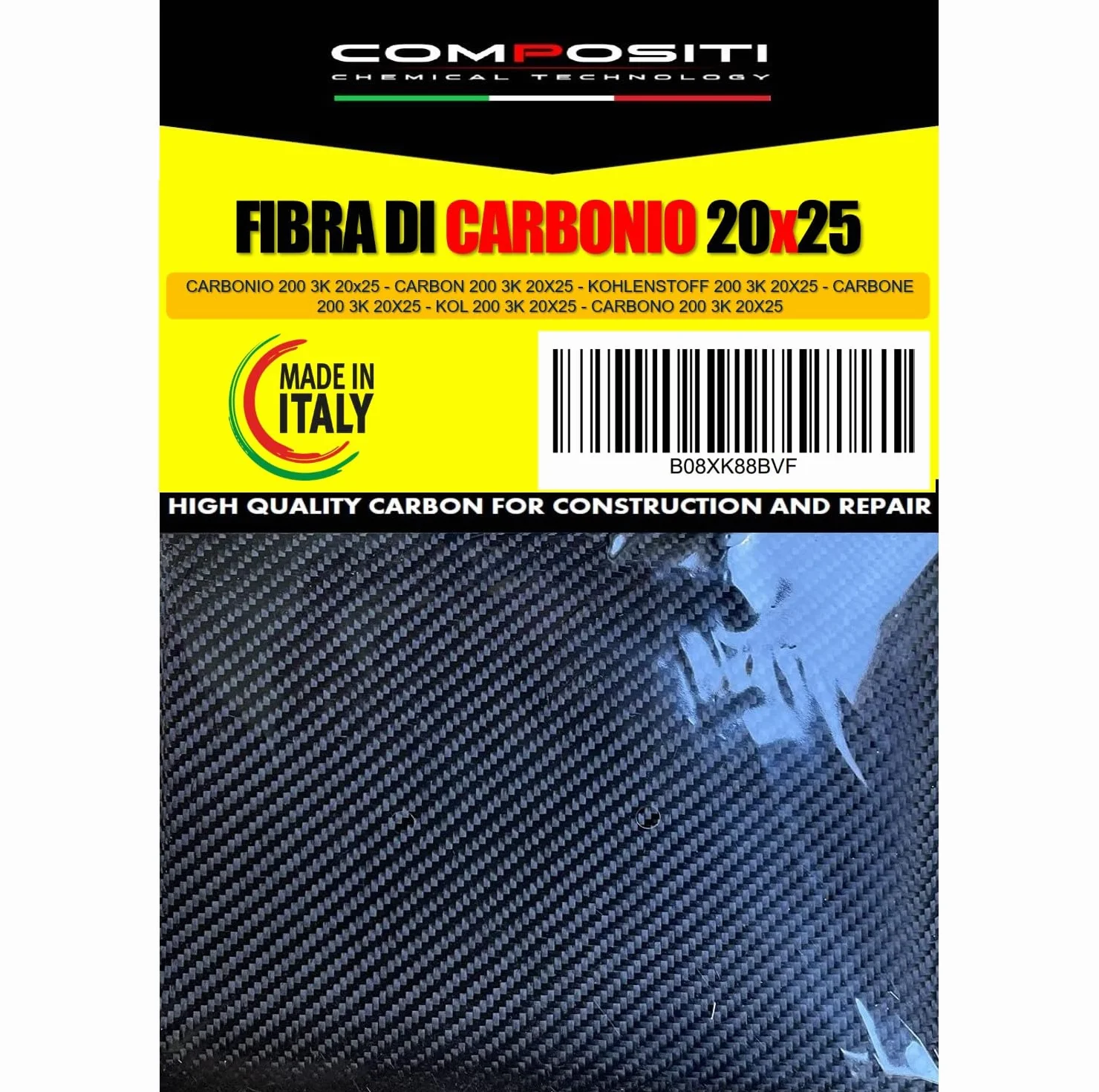 Compositi Fibra di Carbonio 3K per Resina Epossidica, Vinilestere e Poliestere, cm 25X20, Professionale, Alta FORMABILITA’, Bordi fermati per Evitare sfilacciature