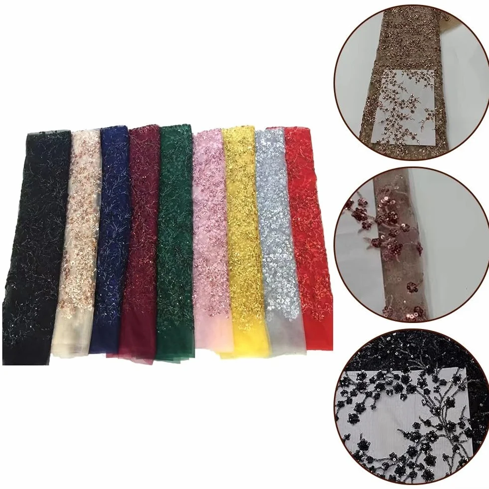 Elegante tessuto in pizzo con paillettes 3D, ideale per creare bellissimi abiti, gonne e oggetti decorativi unici (blu scuro)