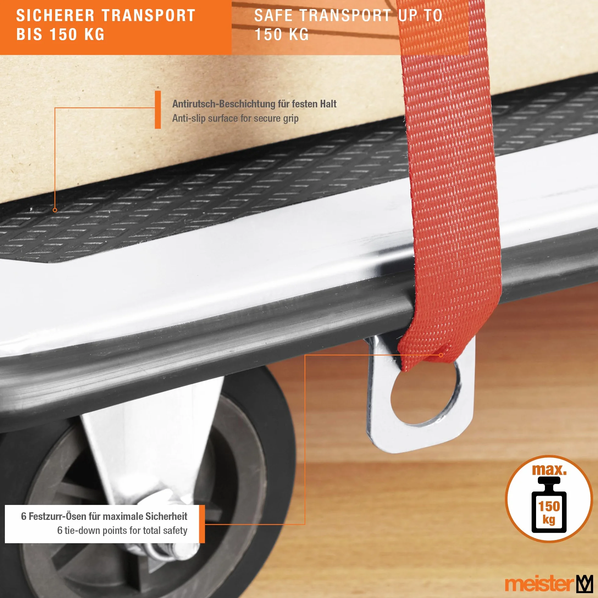 Meister Carrello piattaforma pieghevole - Portata 150 kg - Freno stazionamento / Trasporto ruote girevoli / Pacchi antiscivolo / Carrello acciaio pieghevole / 8985530
