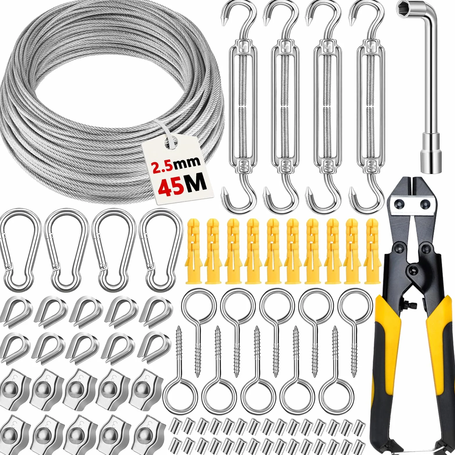 45M 2,5mm Fune Acciaio PVC Rivestito, 304 Cavo Corda in Acciaio Inossidabile, Set di Sospensione Per Cavi In Acciaio, con Tenditore Cavo Acciaio, per Appendere Lamp, Stendibiancheria