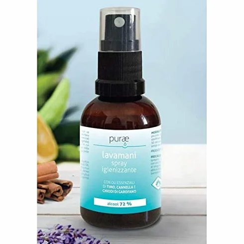 Purae LAVAMANI Spray IGIENIZZANTE 50 ML Alcool Vegetale al 72% e glicerina Vegetale