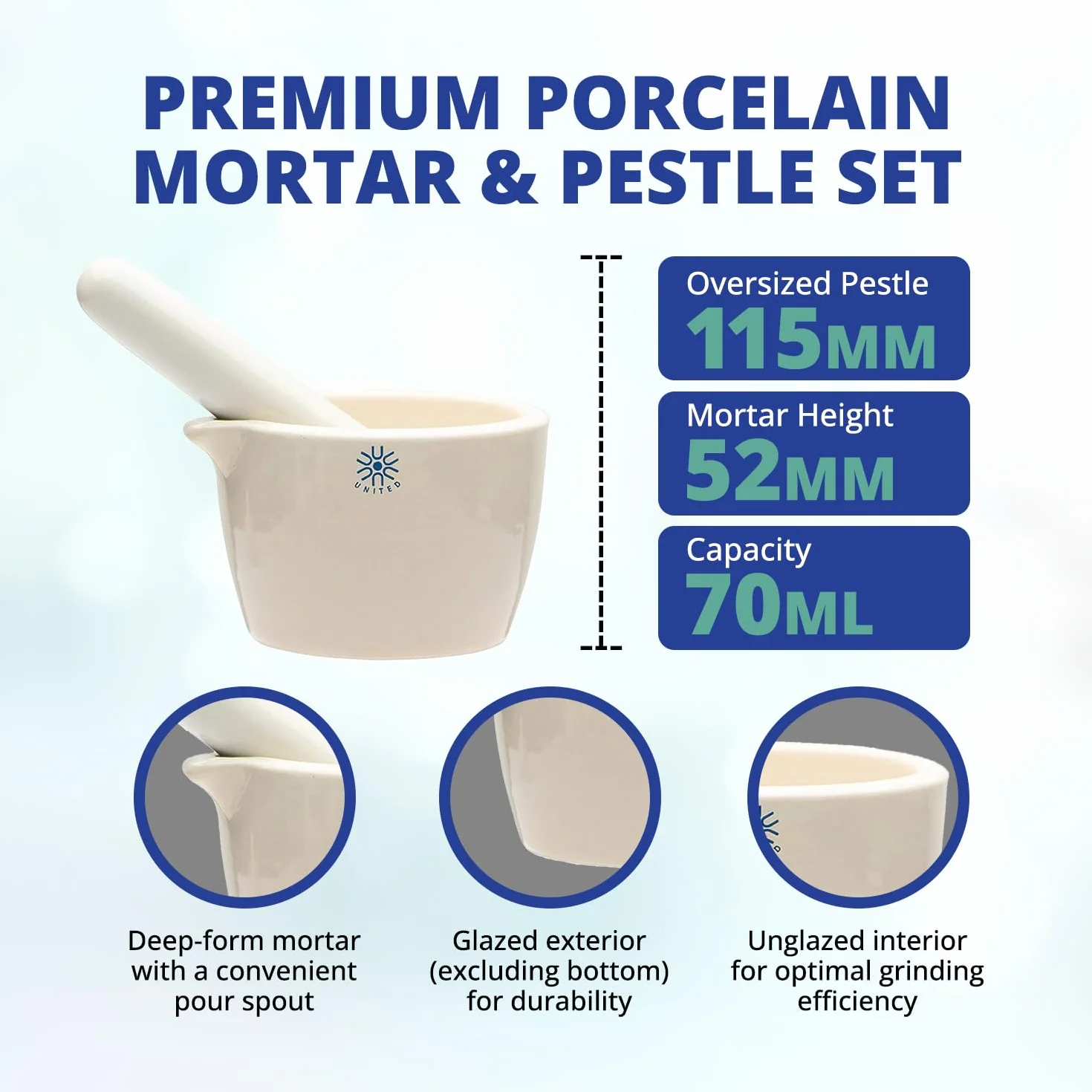 United Scientific™ JMD070 - Set mortaio e pestello, porcellana, capacità 70 ml