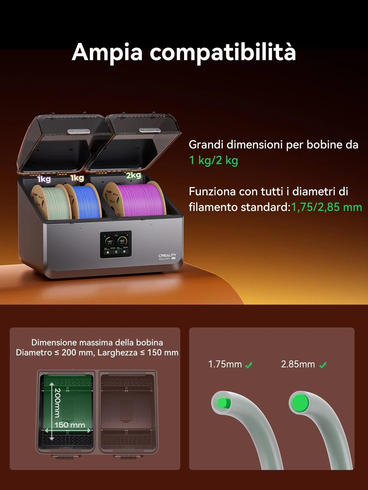 Creality Space Pi X4 Filament Dryer, 4 Bobine & Doppia Camera Riscaldante, 200W PTC (85°C), 360° Riscaldamento, Essiccazione Rapida, Stoccaggio Anti-Umidità per PLA PETG TPU ABS 1,75/2,85 mm