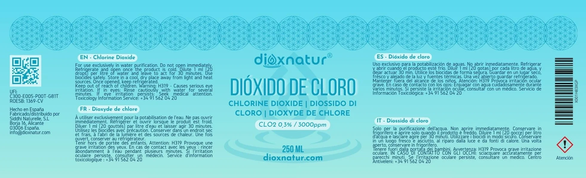 Diossido di Cloro 250ml Vetro 3000 PPM