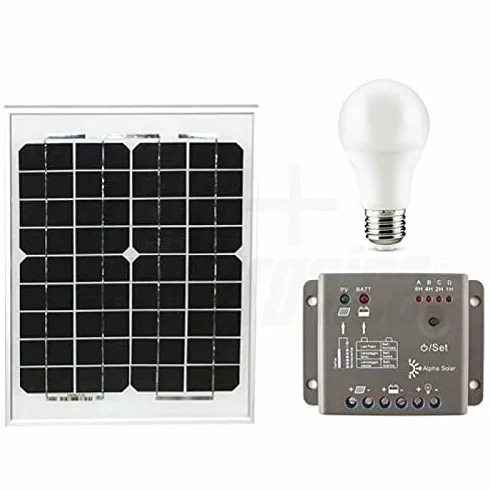 ALPHA ELETTRONICA KIT FOTOVOLTAICO 15W 12V CON REGOLATORE E LAMPADA LED KIT10-SB KIT15-SB