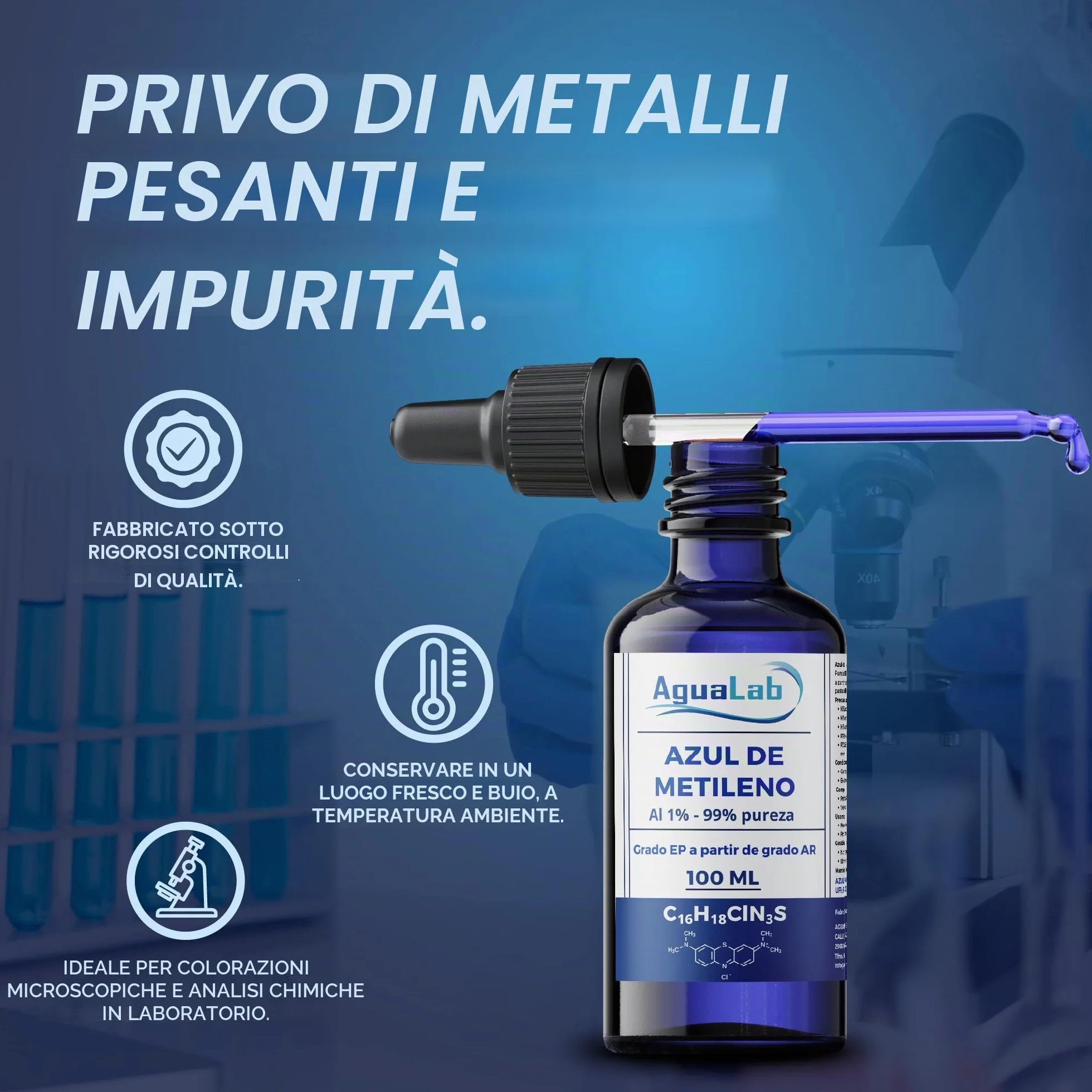 Blu di Metilene 1% Soluzione Grado EP 100 ml Alta Purezza 99% Flacone di Vetro Ambra con Dosatore