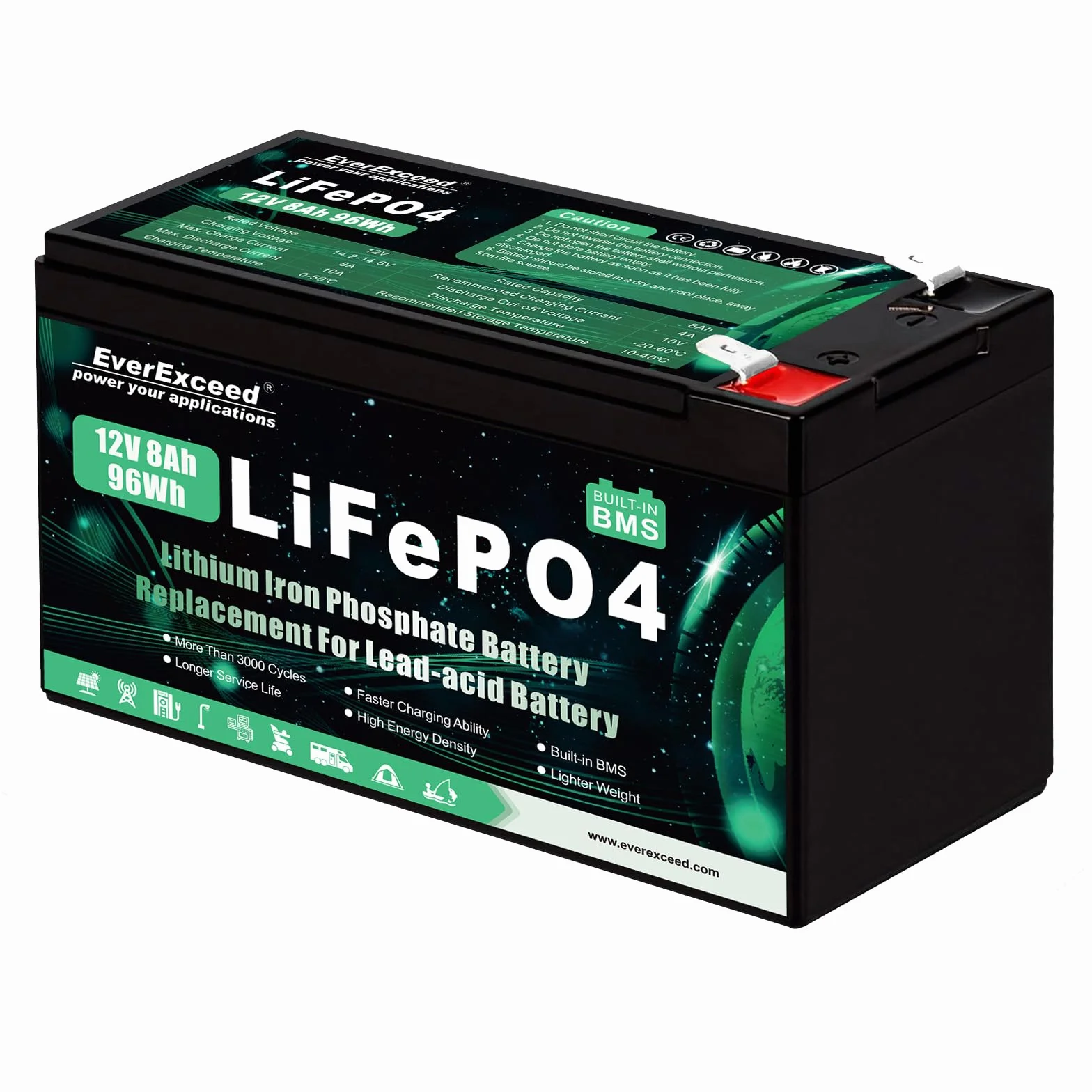 Batteria Lifepo4 da 12V 8 Ah con Oltre 3000 Cicli di Scarica Profonda Batteria Litio da 12 V per Energia Solare/Eolica, illuminazione, Pesce Rilevatore e Altro, con BMS da 10 A integrato