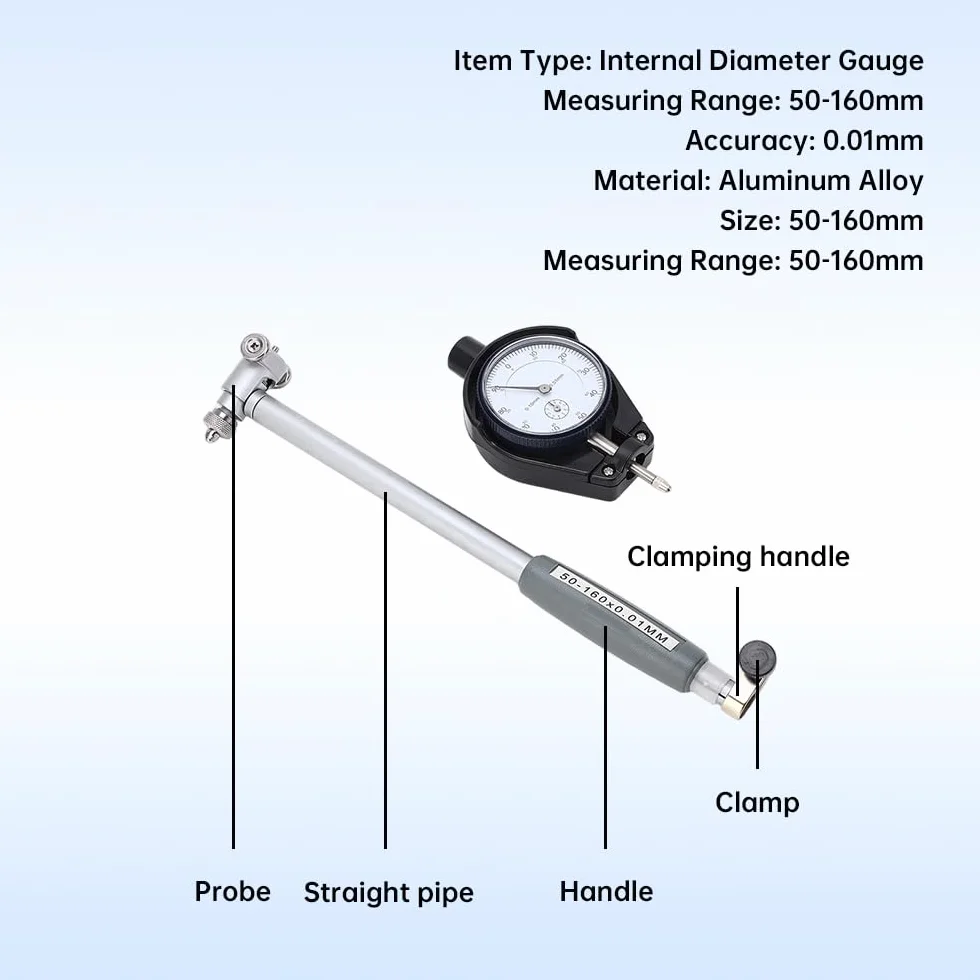 Kit misuratore di alesaggio quadrante del cilindro, strumenti di misura calibro del quadrante degli strumenti 50-160mm Strumento di misurazione dell'indicatore quadrante(Inner diameter scale 50-160)