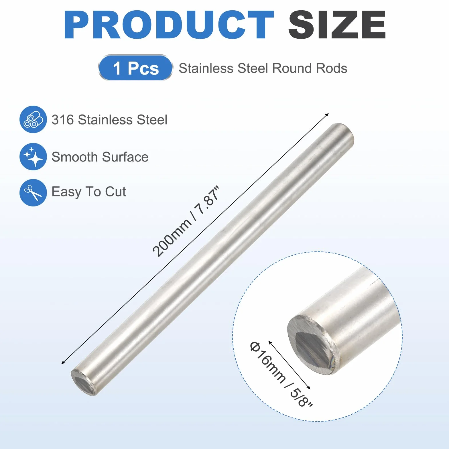 QUARKZMAN Barra Rotonda Acciaio Inox 316 5/8"(16mm) 7.87"(200mm) Lunghezza Barra Piena Tondo Albero Tornitura