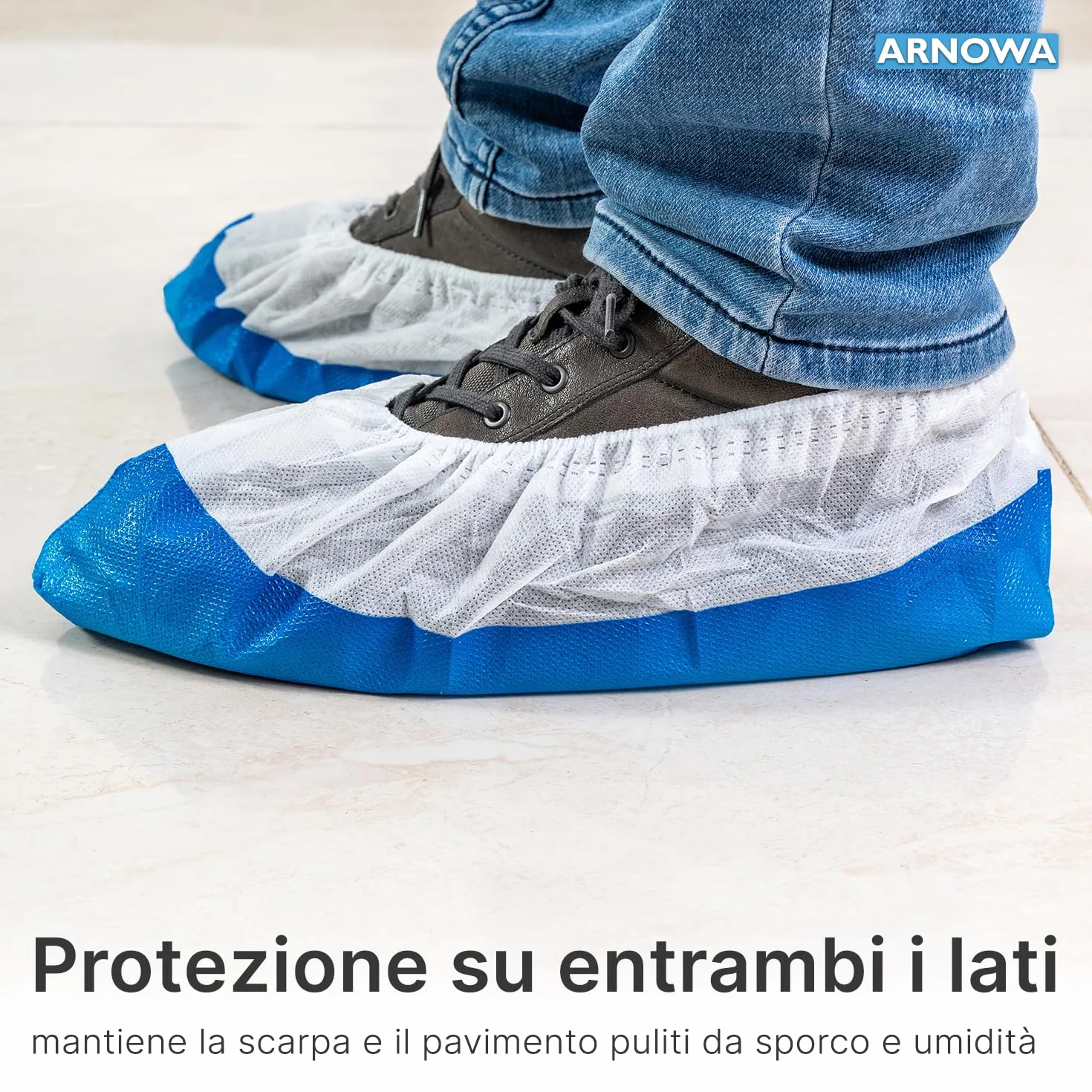 ARNOMED Copriscarpe monouso CPE PP 50 pezzi 17x40cm calzari usa e getta bianchi suola CPE blu taglia unica