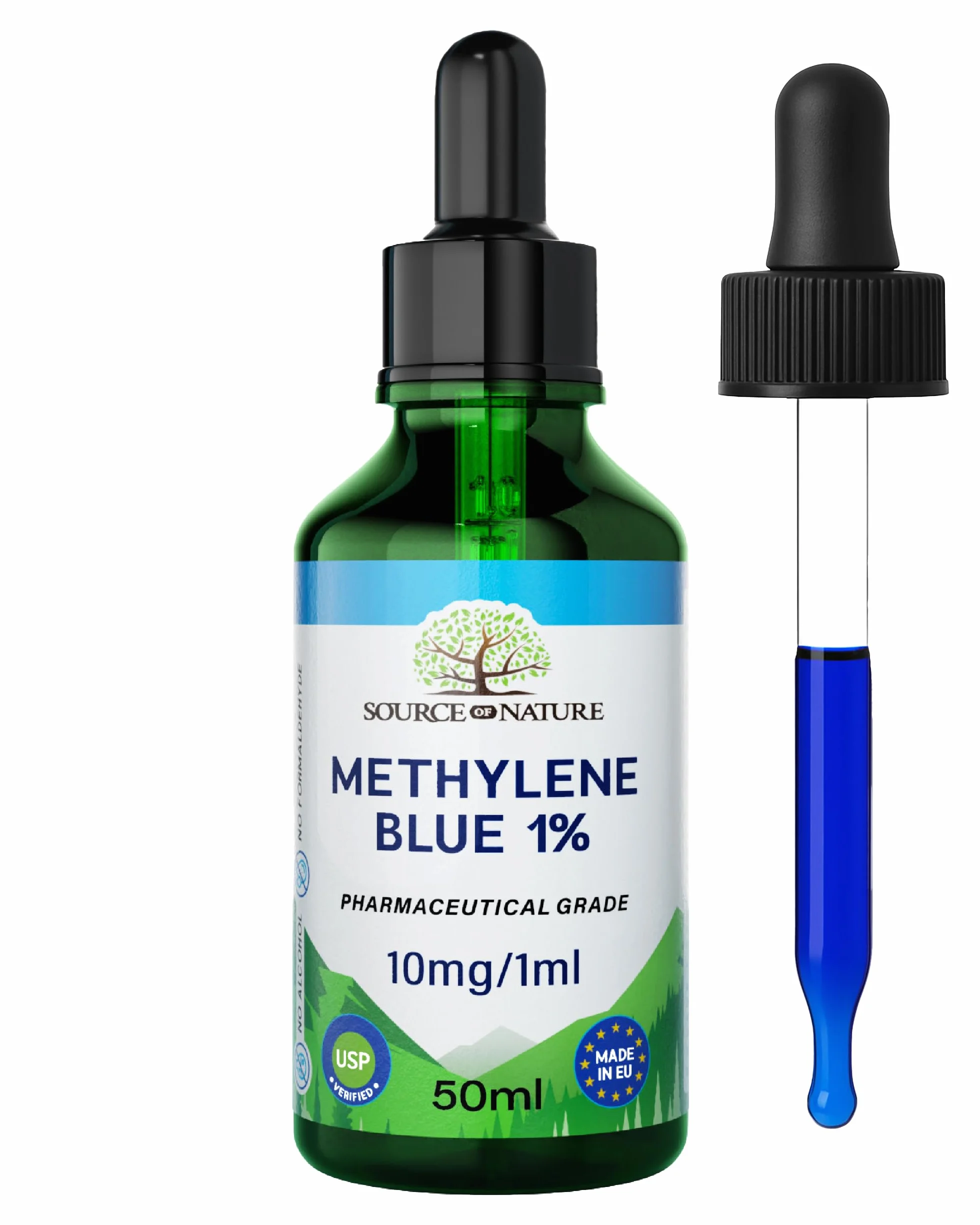 Blu di Metilene (Metilene Blu) 1% Soluzione | 50 ml Flacone con Pipetta | Qualità Farmaceutica USP | Alta Purezza | Senza Alcol e Formaldeide | Vetro Scuro Protettivo