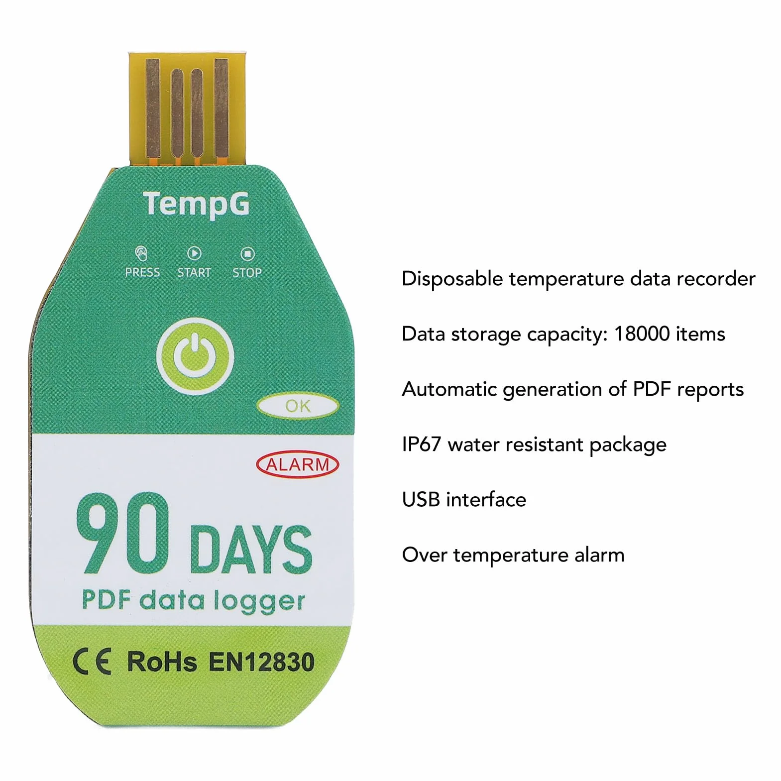 Registratore del logger dati di temperatura USB, IP67 Acqua PDF Temperatura Dati Logger Single per il trasporto della catena a freddo (90 Days)