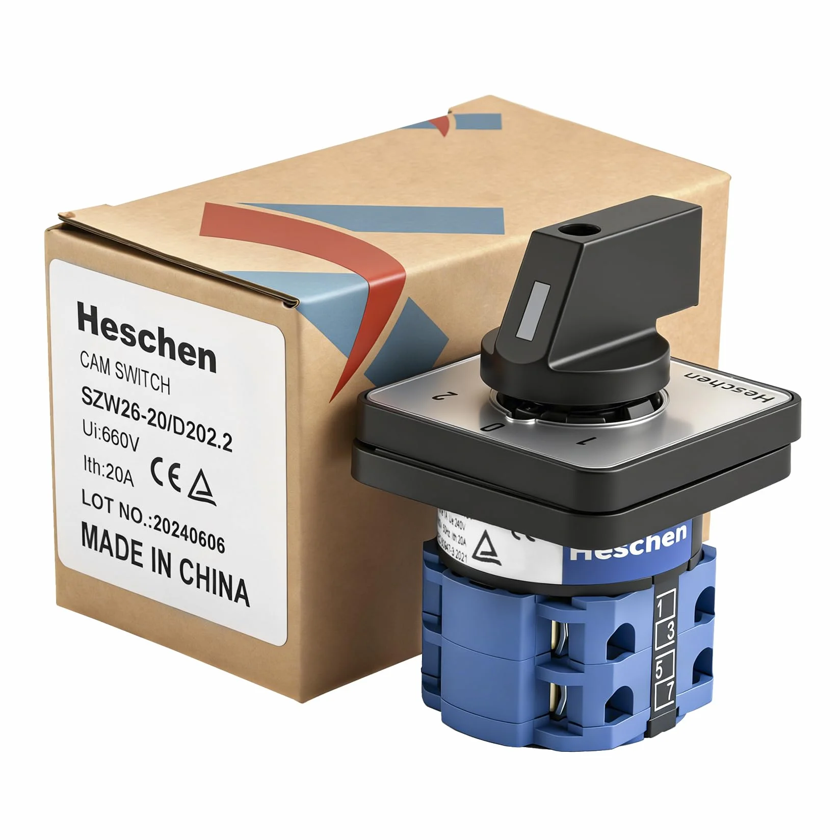 Heschen Commutatore selettore a camma rotante universale SZW26-20/D202.2 660V 20A ON-OFF-ON 3 posizioni 2 fasi 8 Morsetti CE
