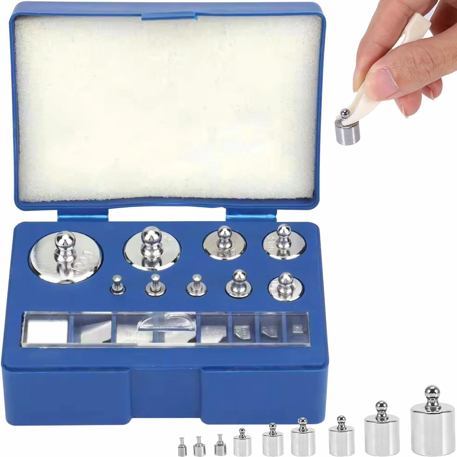 Peso di calibrazione, 17 pesi di calibrazione di precisione, set di pesi di calibrazione in acciaio inox, set di pesi di calibrazione per laboratori digitali, 1 g, 2 g, 5 g, 10 g, 20 g, set di peso