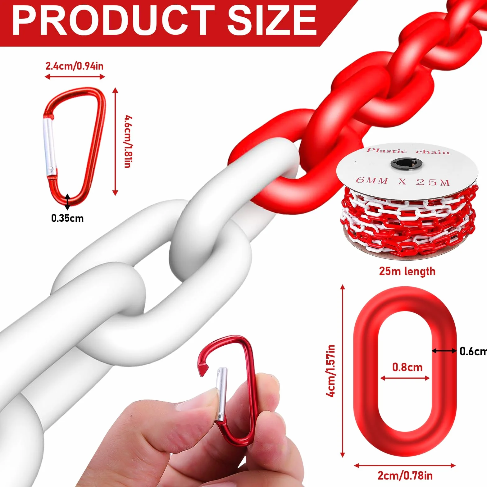 BAIFULAI 25 m di catena, catena di sbarramento da 6 mm rossa/bianca in plastica con 6 moschettoni, catena di plastica/catena di avviso, catena di sicurezza per cantiere, catena a maglie per