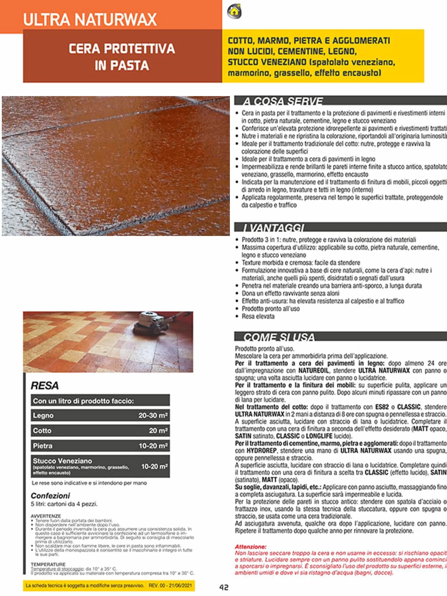 Cera per Cotto Interno Protettiva In Pasta Ultra Naturwax 5 Litri