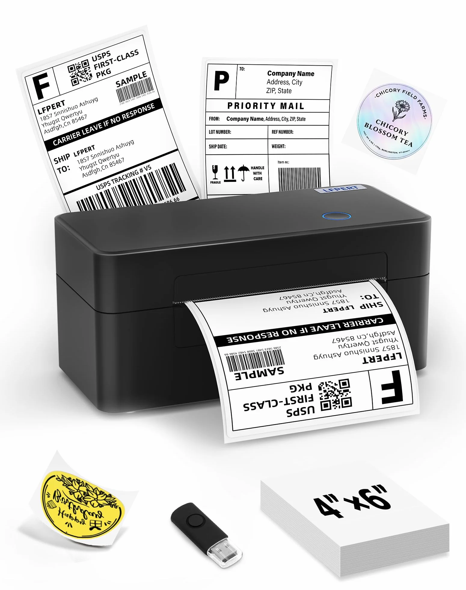 Stampante Termica Etichette USB, Stampante Etichette Spedizione 4x6 (10x15cm), Stampante di Etichette Postali per Aziende, Compatibile con Amazon, Shopify, DHL, DPD - DB402, Nero