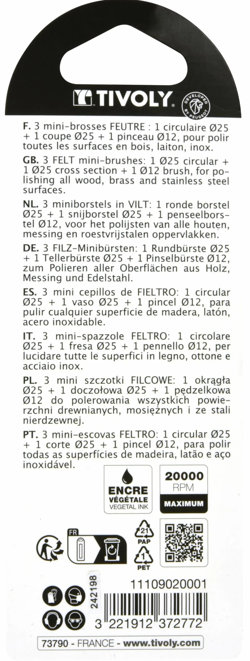 TIVOLY Set di 3 spazzole in feltro multiuso per lucidatura legno e metallo attacco coda cilindrica Ø 3,2 mm per DREMEL PROXXON