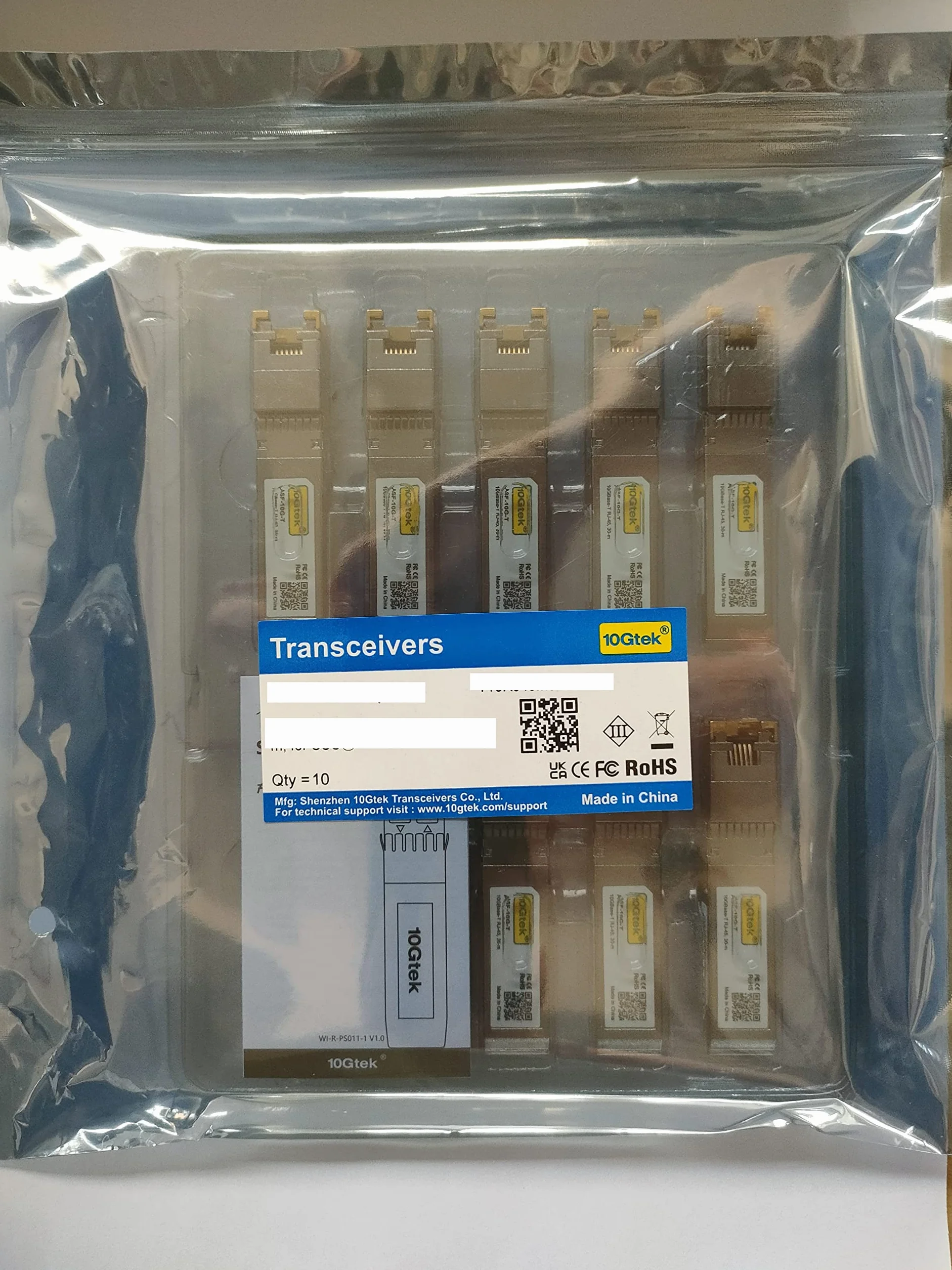 10Gtek x10 pcs SFP+ to RJ45 CAT.6a Copper Transceiver 1.25/2.5/5/10G-T Auto-Negotiation Ethernet Module 30-Meter for Cisco Ubiquiti Netgear