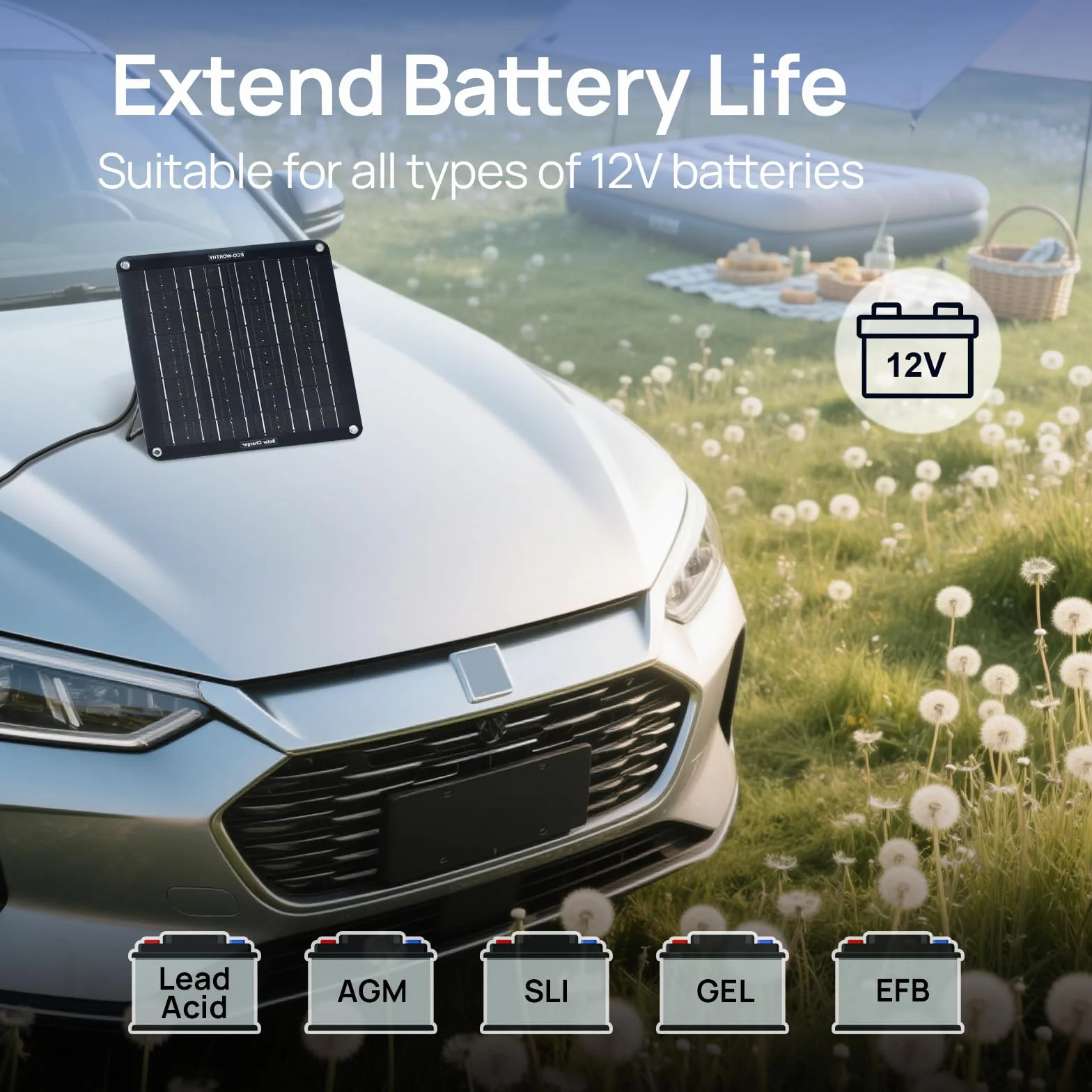 ECO-WORTHY Caricabatteria Solare OBDII 10W Aggiornato - Pannello Solare Mono Impermeabile da 12V con Supporto Portatile per Auto, Camion, Barche, Tosaerba, Camper, Roulotte